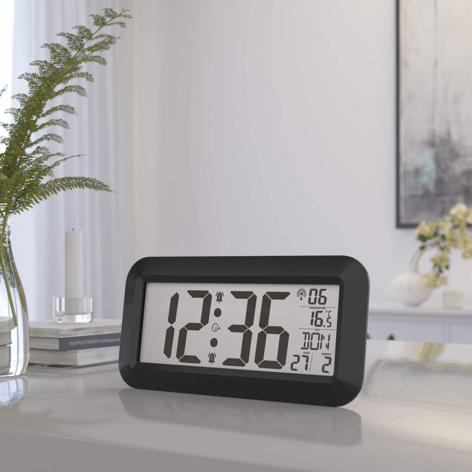 digital clock, weckuhr, tischuhr, schwarzer rahmen, große anzeige