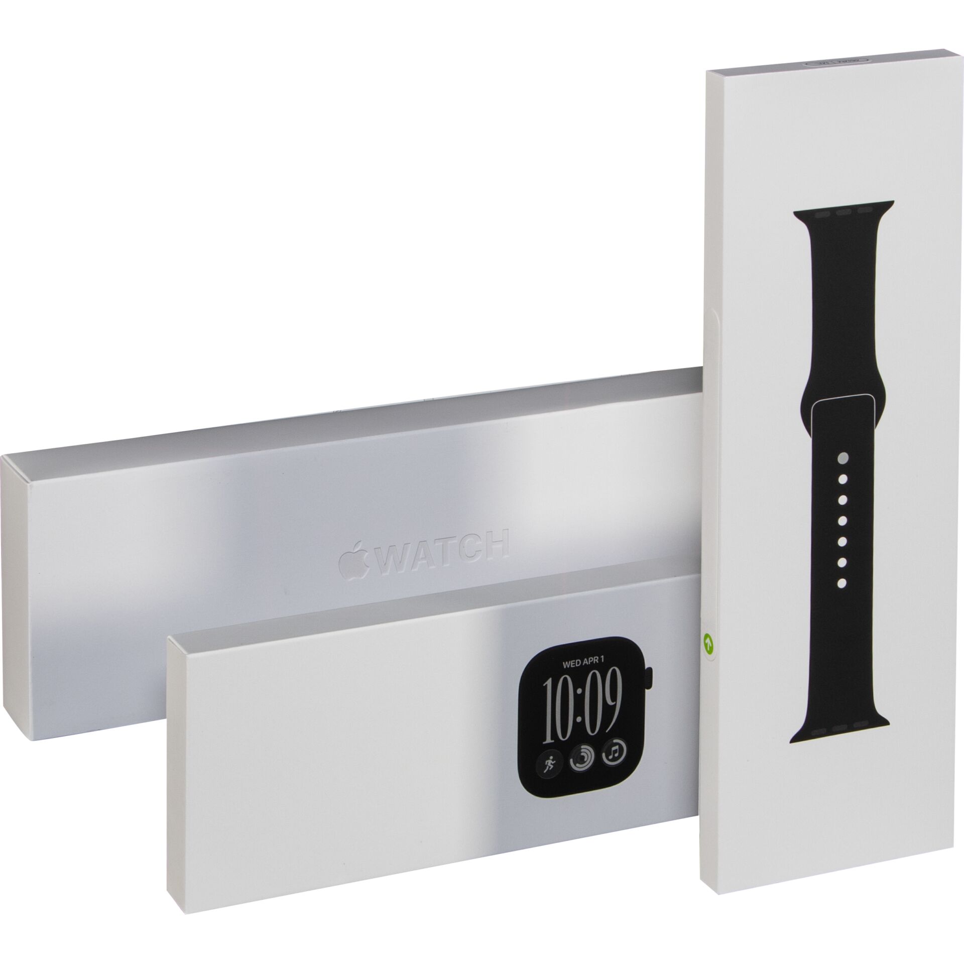 apple watch, smarteuhr, schwarzes armband, digitalanzeige, verpackung set