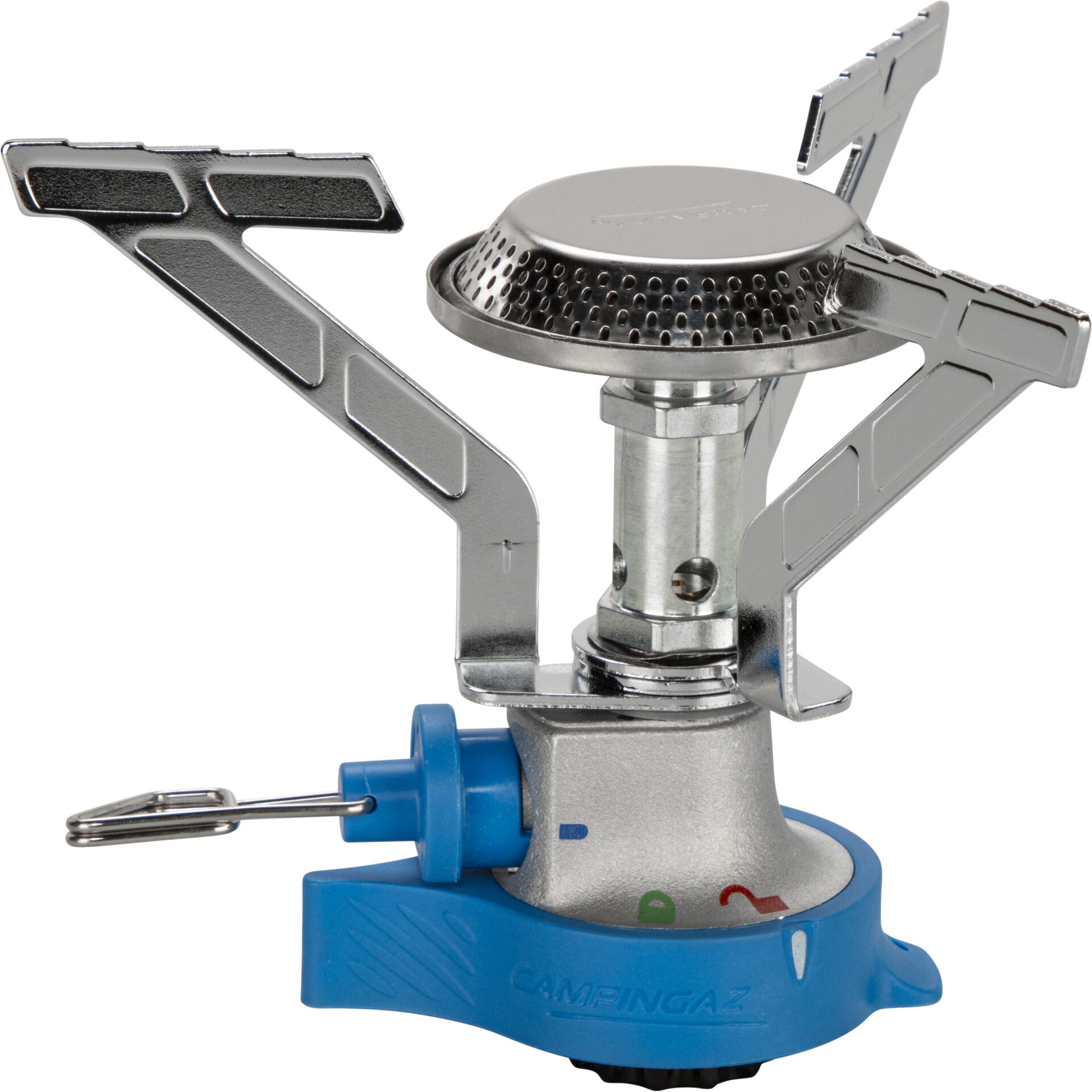 campingkocher, tragbarer gasbrenner, edelstahl, blauer grundkörper, stabiler flammenkopf