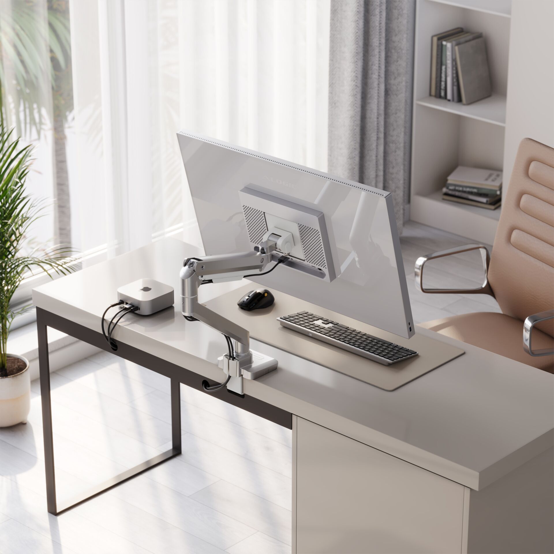 monitorarm, ergonomische_einrichtung, desktop_monitor, verstellbarer_arm, weiße_schreibtischzubehör