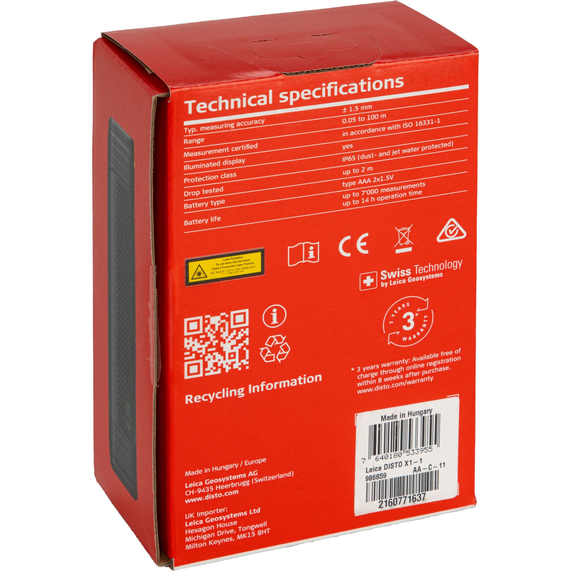 box, red box, technical specifications, barcode, recycling information