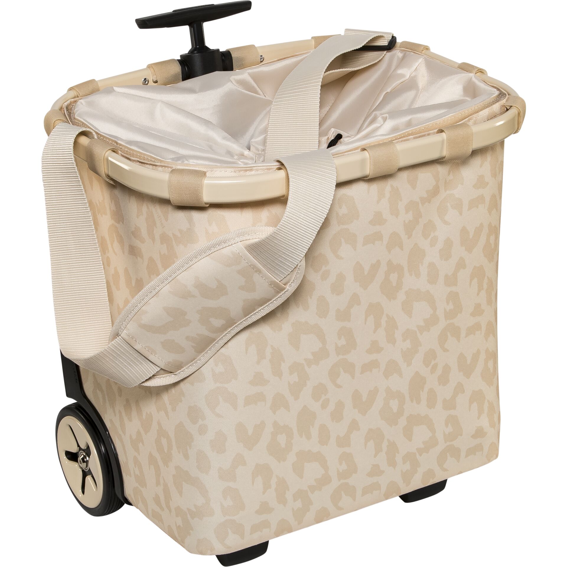 Wagen, Wascheimer, Leopardenmuster, Tragegurt, Rollkoffer