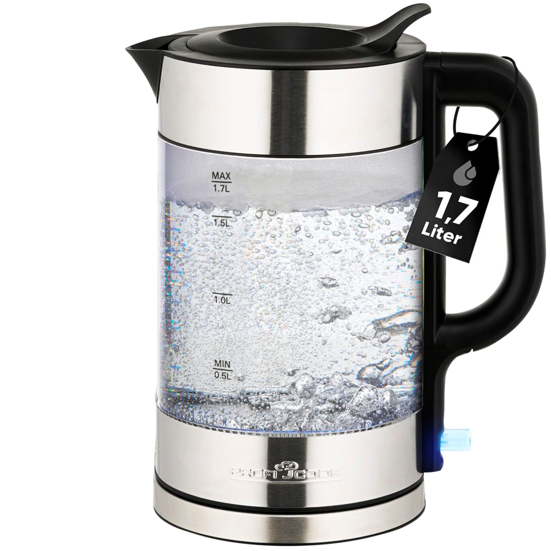 Wasserkocher, 1,7 Liter, Edelstahl, Glasbehälter, Wassermaximalmarkierung