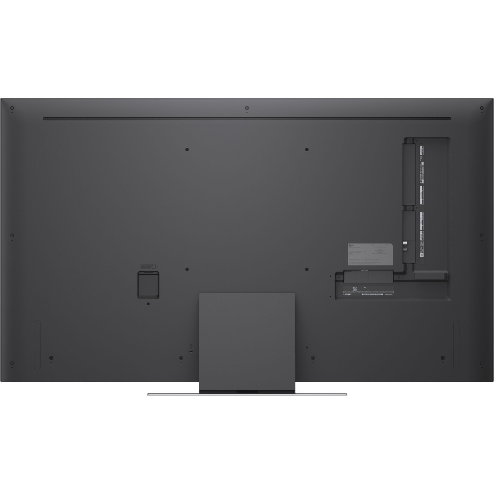 Fernsehrückseite, Metallgehäuse, Standfuß, Belüftungslöcher, Anschlüsse