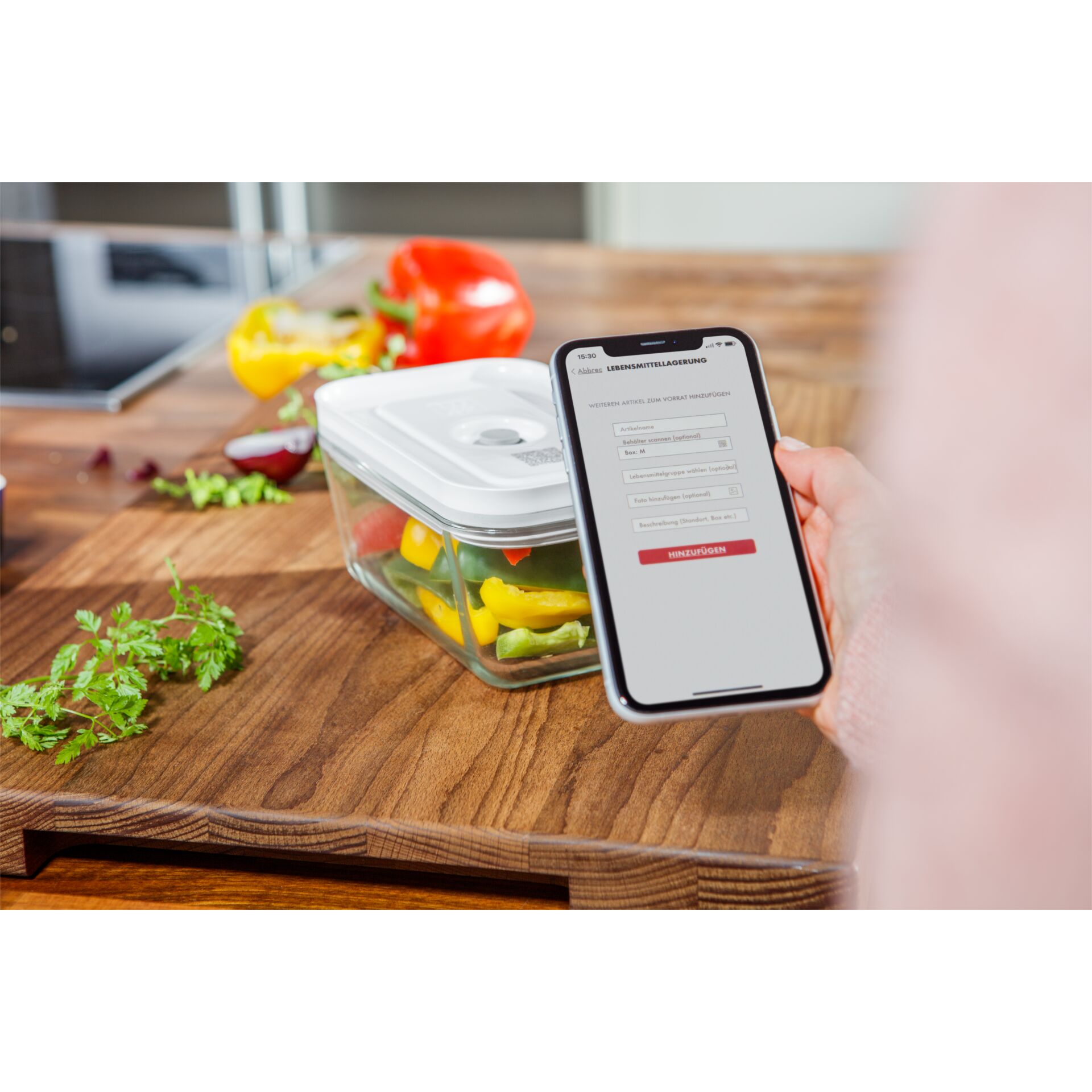 Frischhaltedose, Glasbehälter, Vakuumdeckel, Lebensmittelaufbewahrung, App-Steuerung