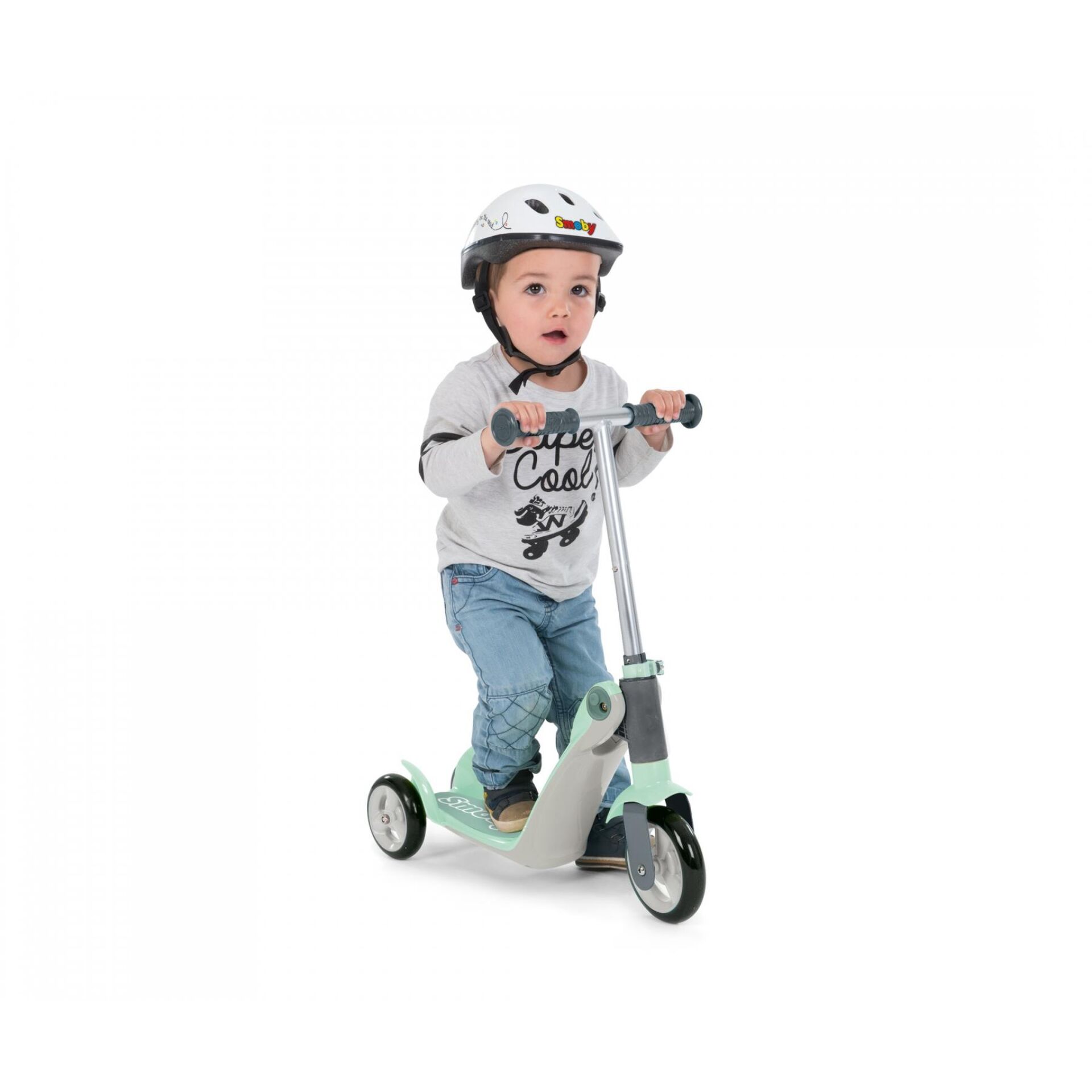 Kinderroller, Scooter, Helm, Gehhilfe, Jeans