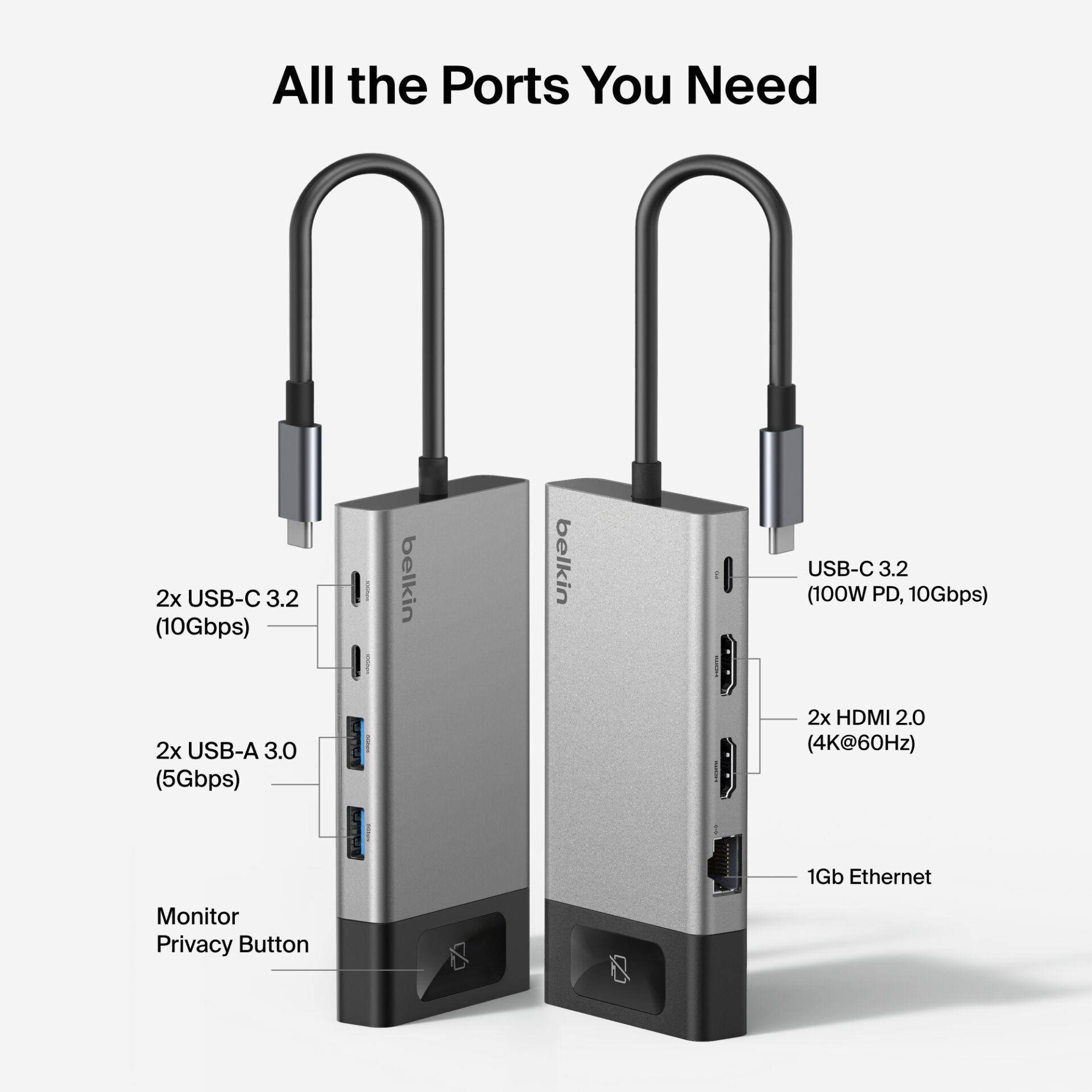 USB-C Hub, Multiport Adapter, Aluminium, HDMI 2.0, Ethernet