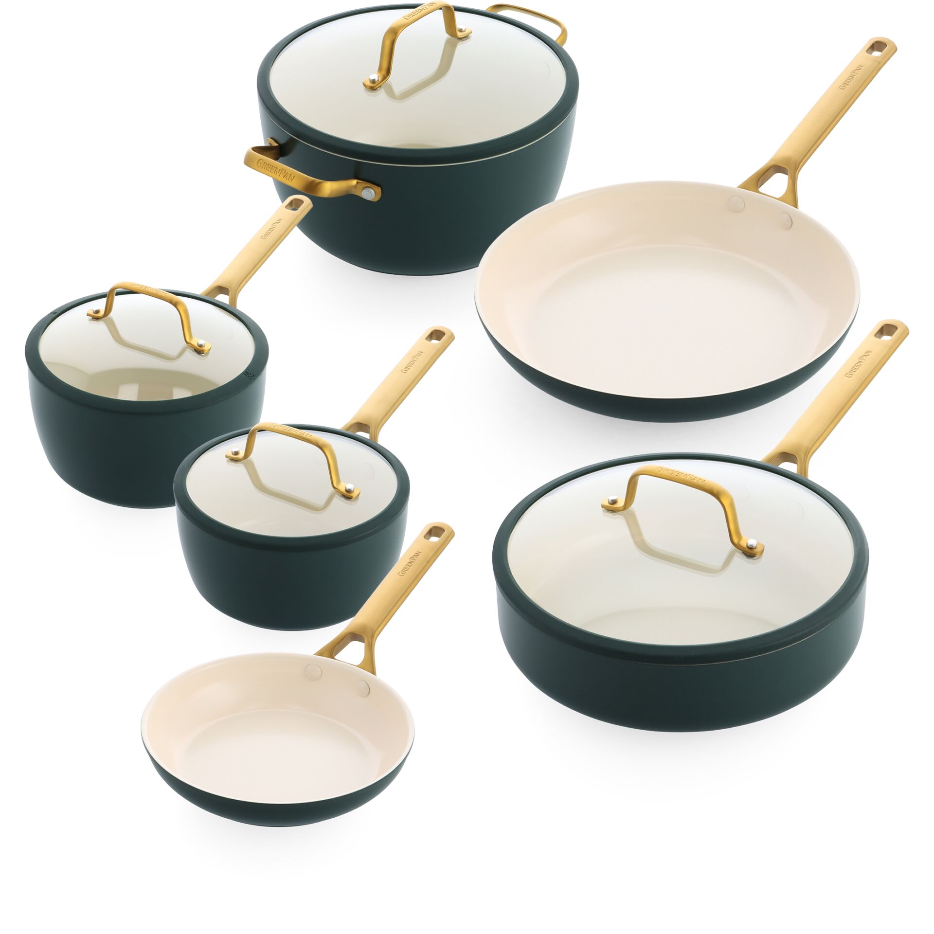 kochtopf-set, goldene griffe, pfannen-set, töpfe mit deckel, antihaft beschichtung