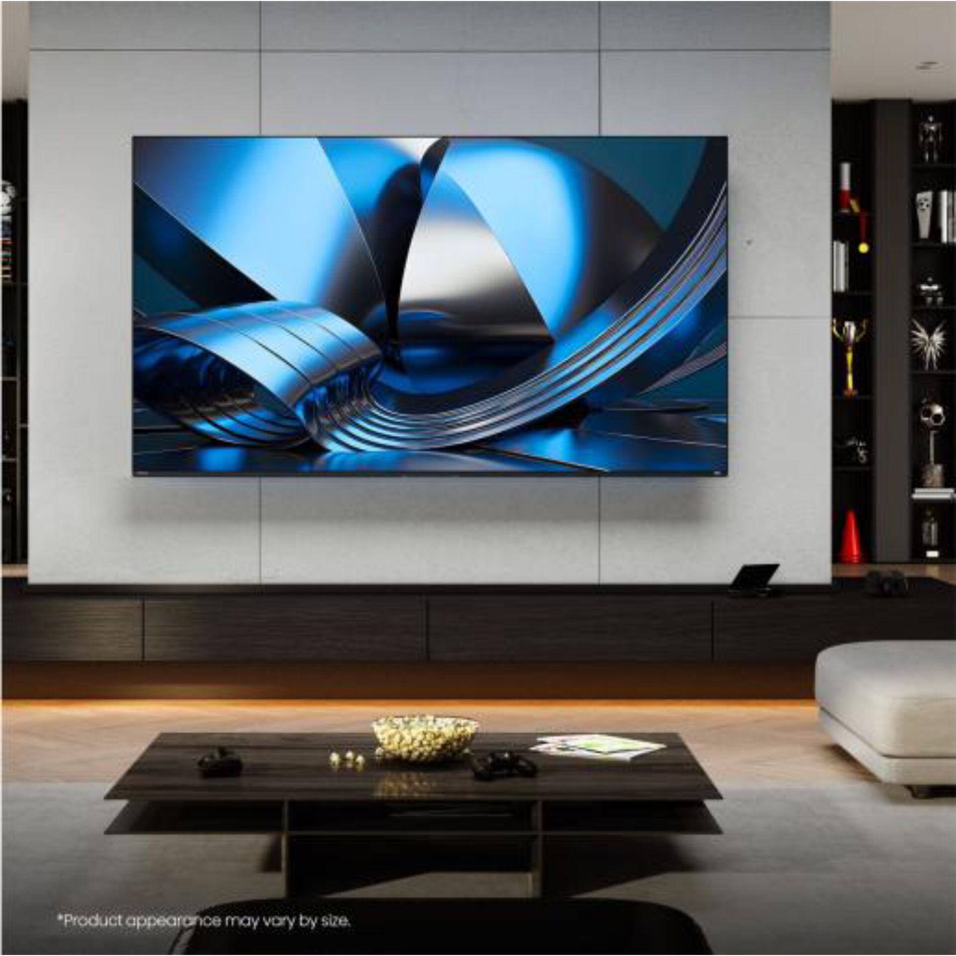 fernseher, wohnzimmer, fernseher, an der wand montiert, blaues muster