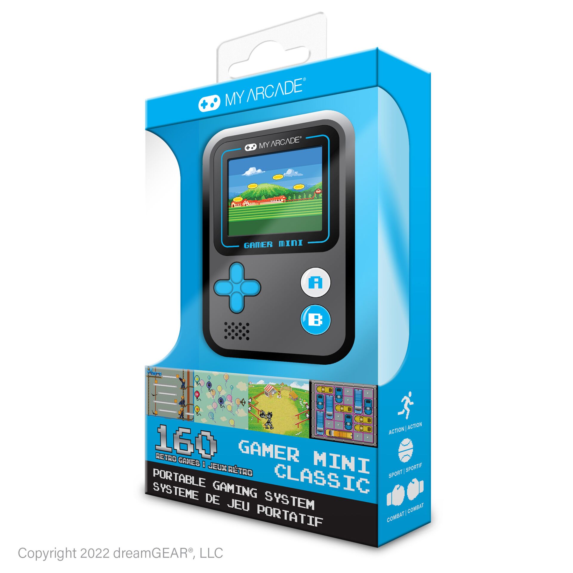 handheld Konsole, Retro-Gaming, Gamer Mini, Spiele-System, blaues Verpackung