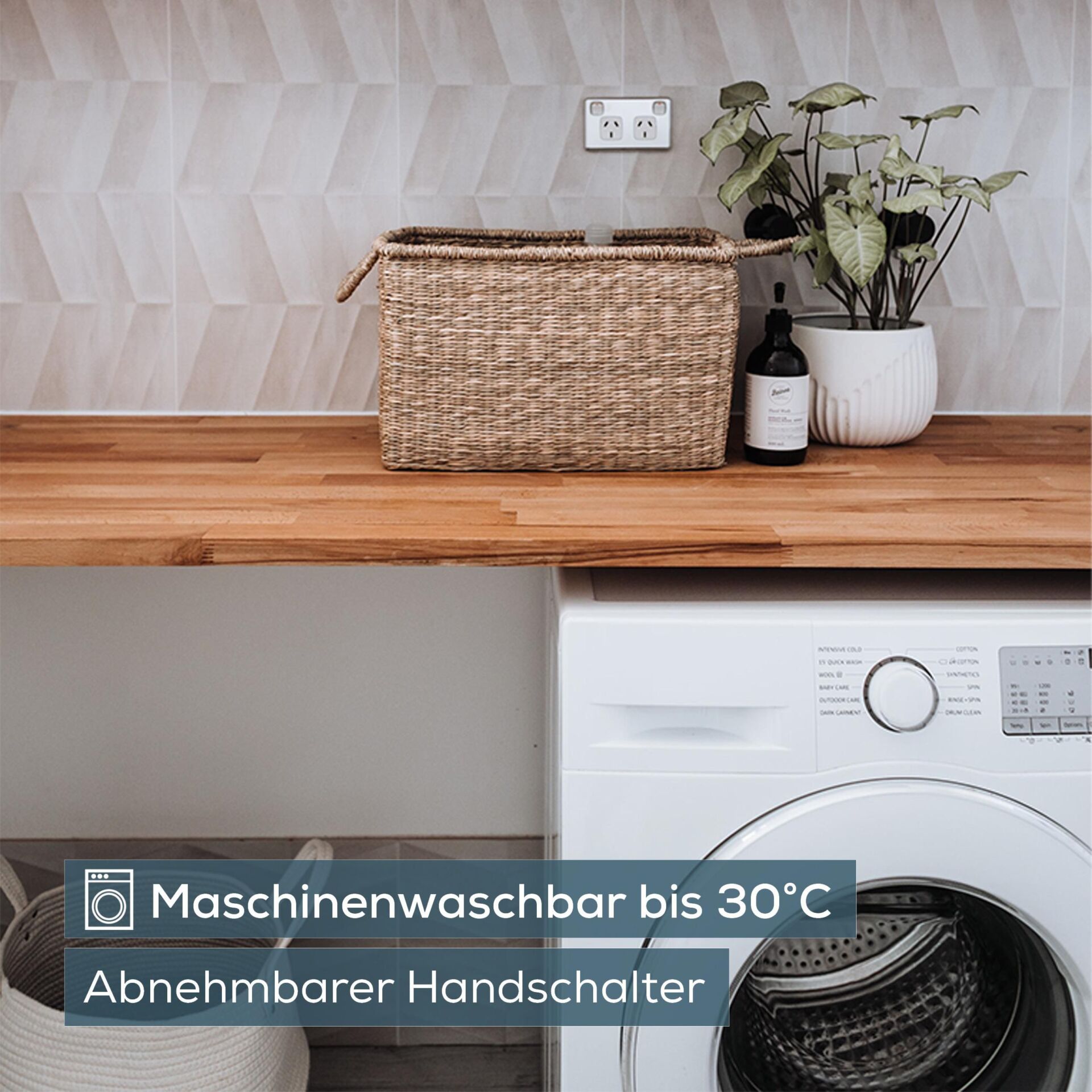 Waschmaschine, Korb, Wäschekorb, Holzarbeitsplatte, Pflanze