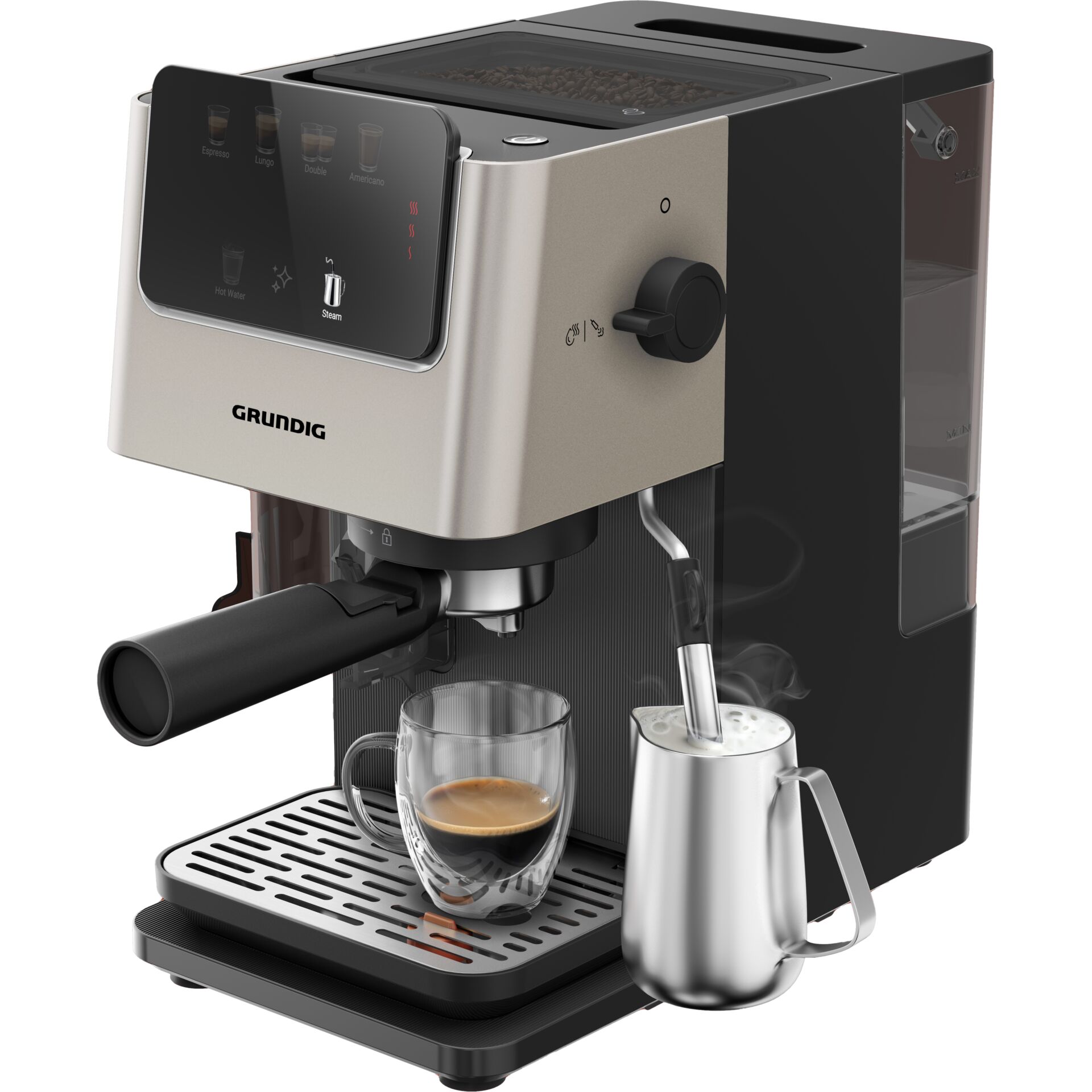 Espressomaschine, Kaffeeautomat, Kaffeemühle, Dualwände, Milchaufschäumer