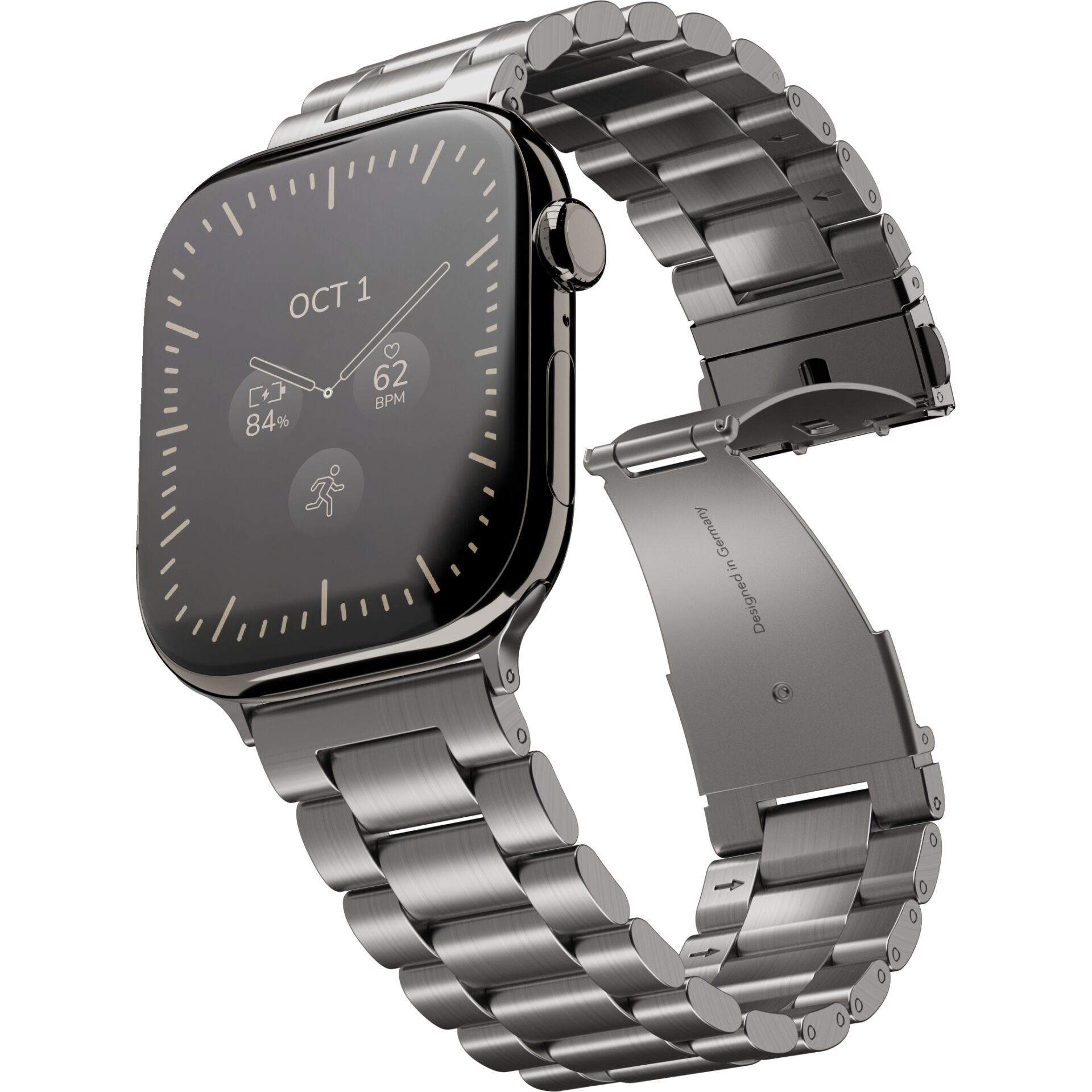 Smartwatch, Edelstahlarmband, Silberfarben, Schwarzes Display, Fitness-Tracking