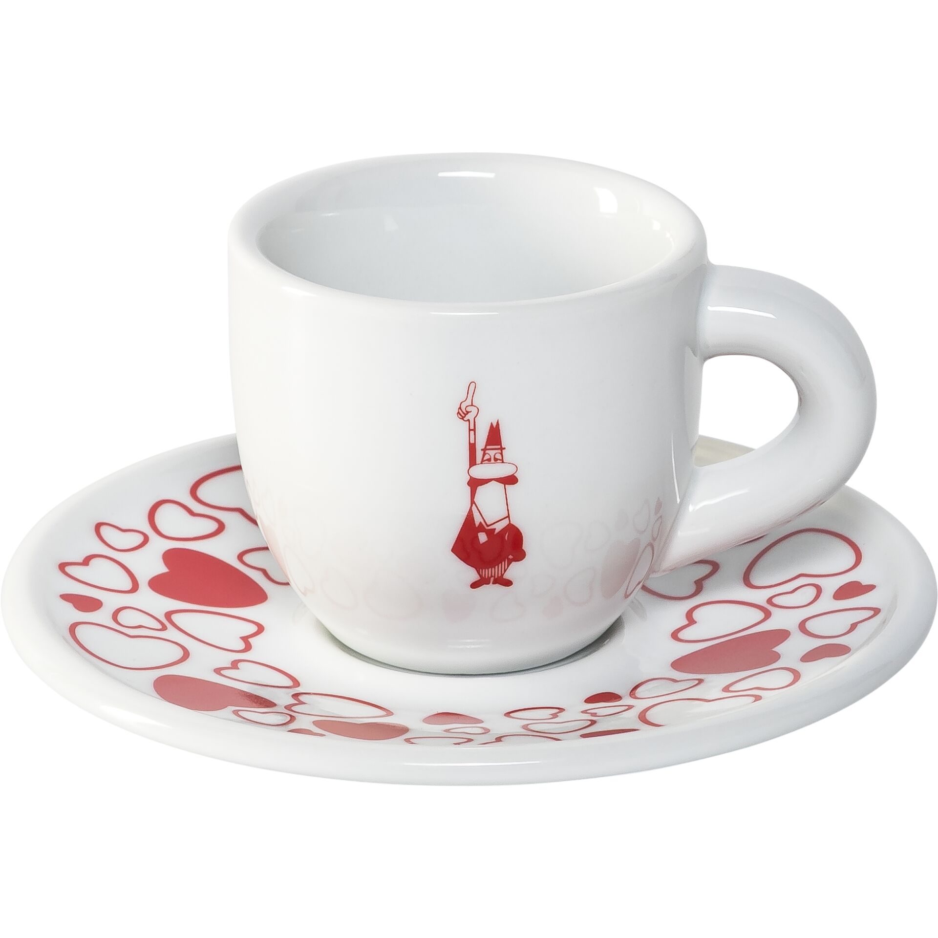 Kaffee-Tasse, Tassengedeck, Herz-Muster, Porzellan, Rot-Print