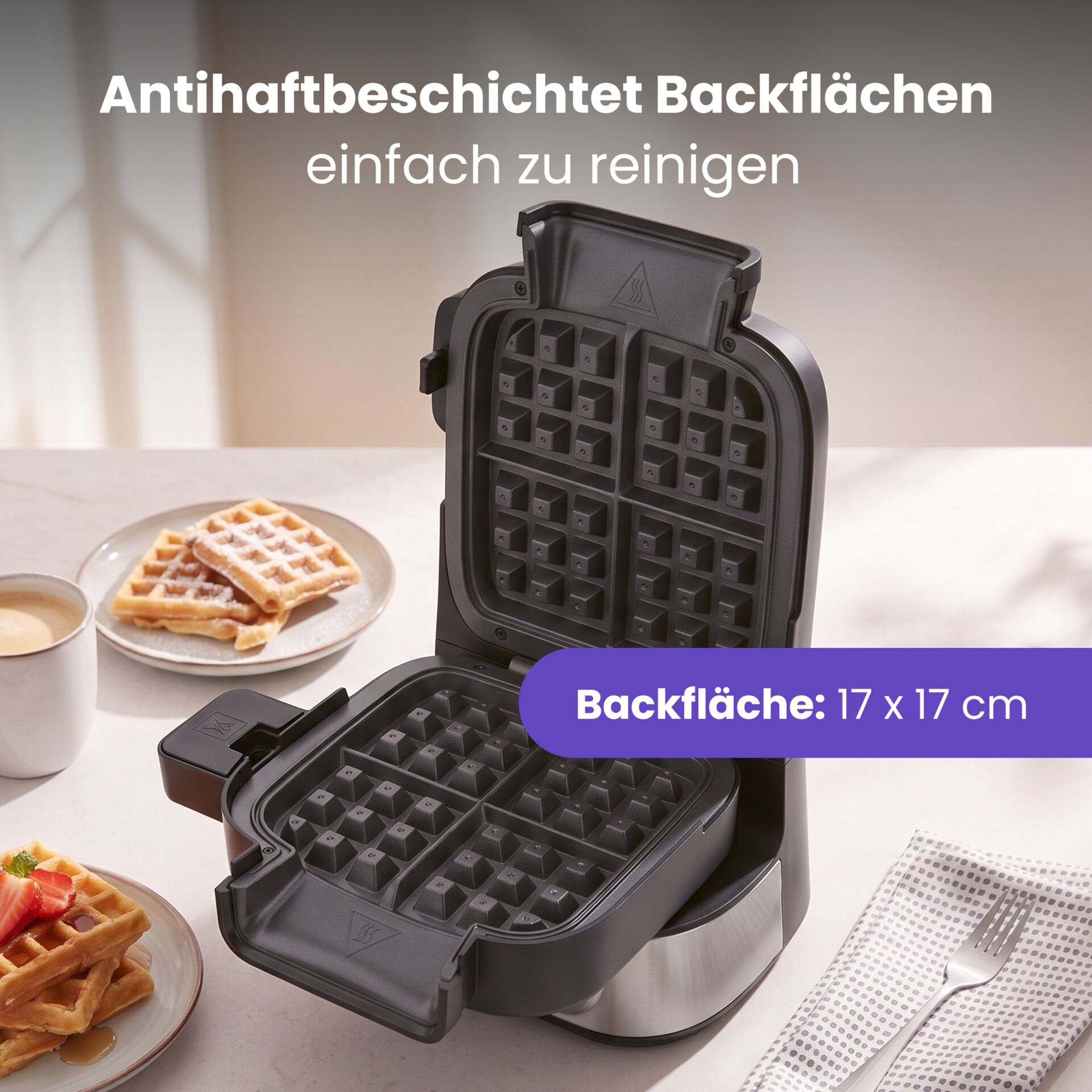 Waffeleisen, Antihaftbeschichtung, schwarz, quadratische Waffeln, 17 × 17 cm