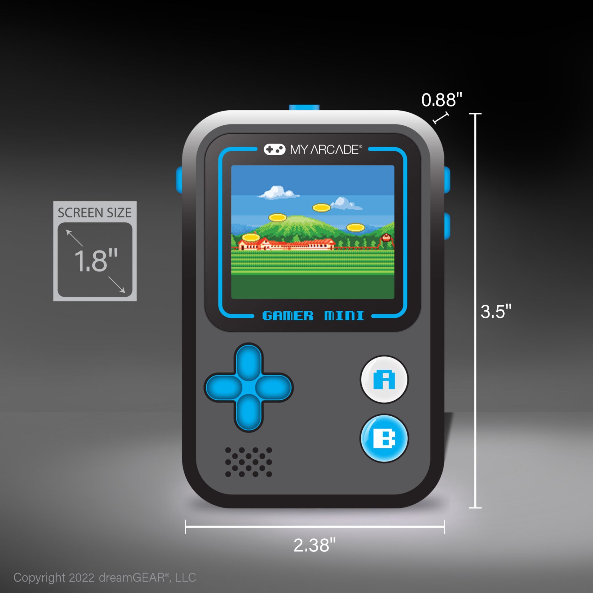 handheld Konsole, retro Gaming, Pixelbildschirm, blaue Akzente, kompakt tragbar