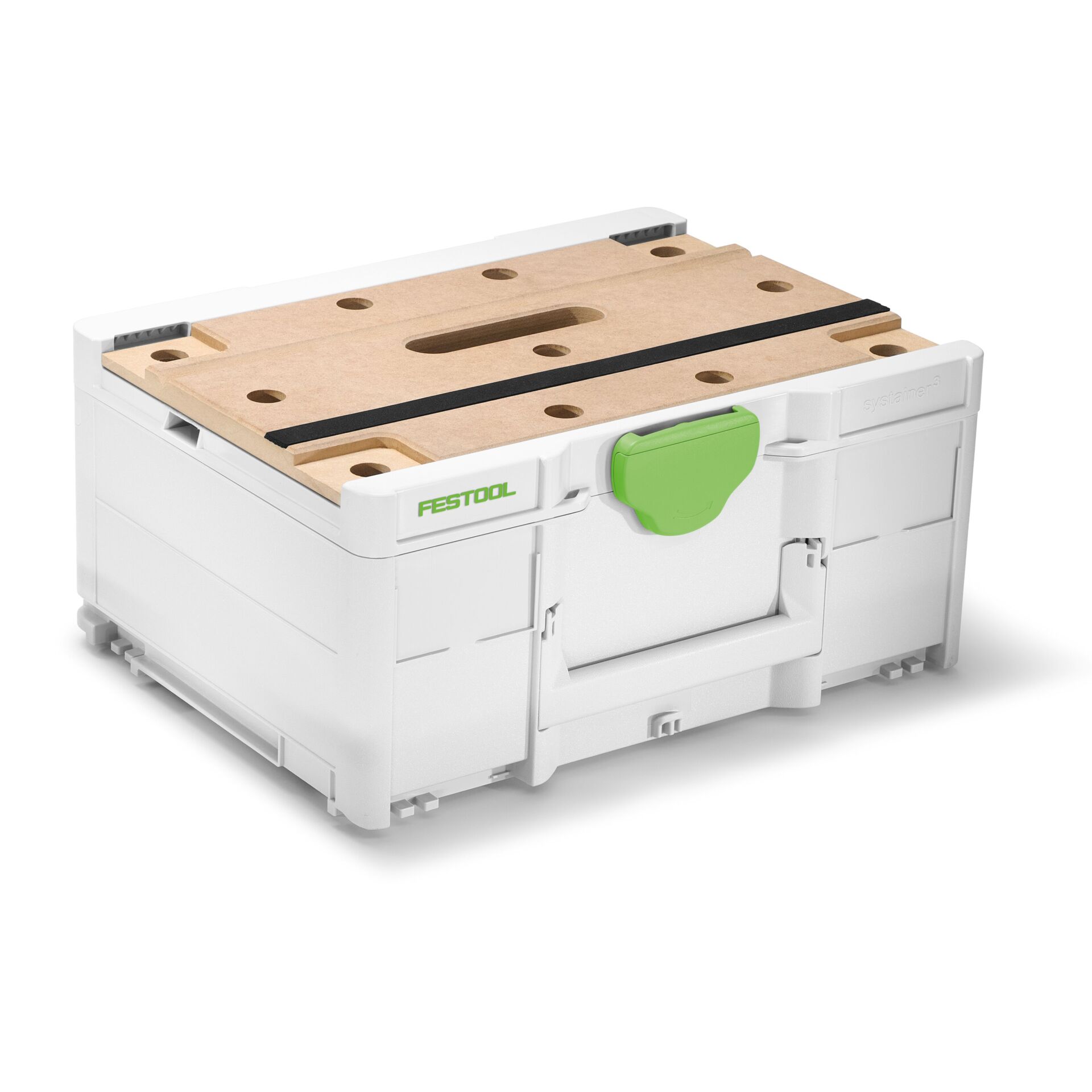 Werkzeugkiste, Kofferbox, Holzplatte, Griffgrüner Verschluss, FESTOOL Markenlos, Modulare Arbeitsbox