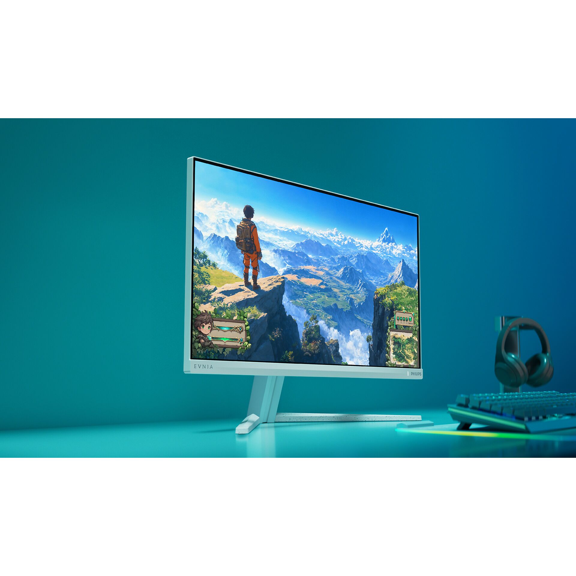 Gaming-Monitor, weißer Bildschirm, dünner Rahmen, verstellbarer Standfuß, Philips Evnia