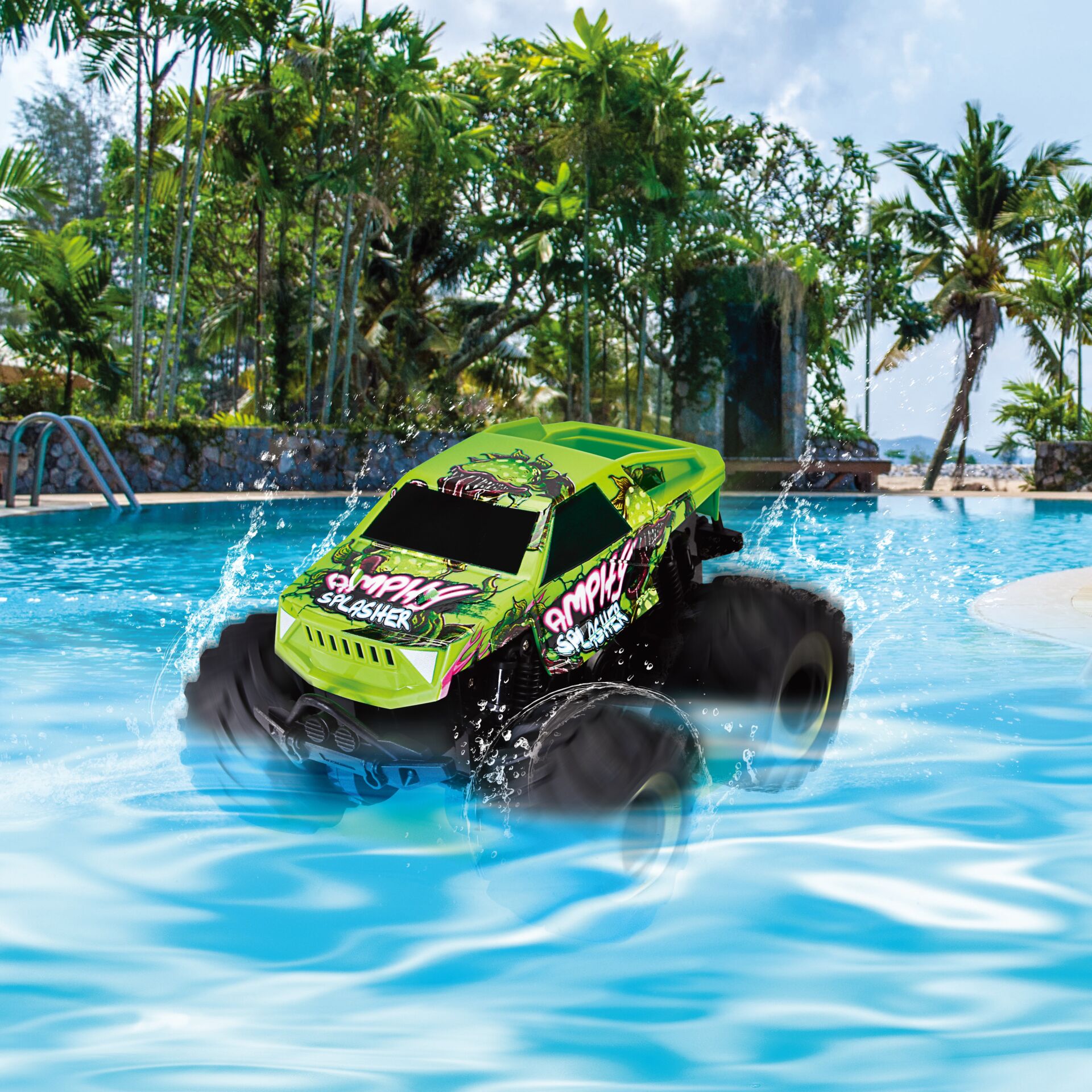 RC-Auto, Off-Road, Grün, Grafik, Wasserspritzer