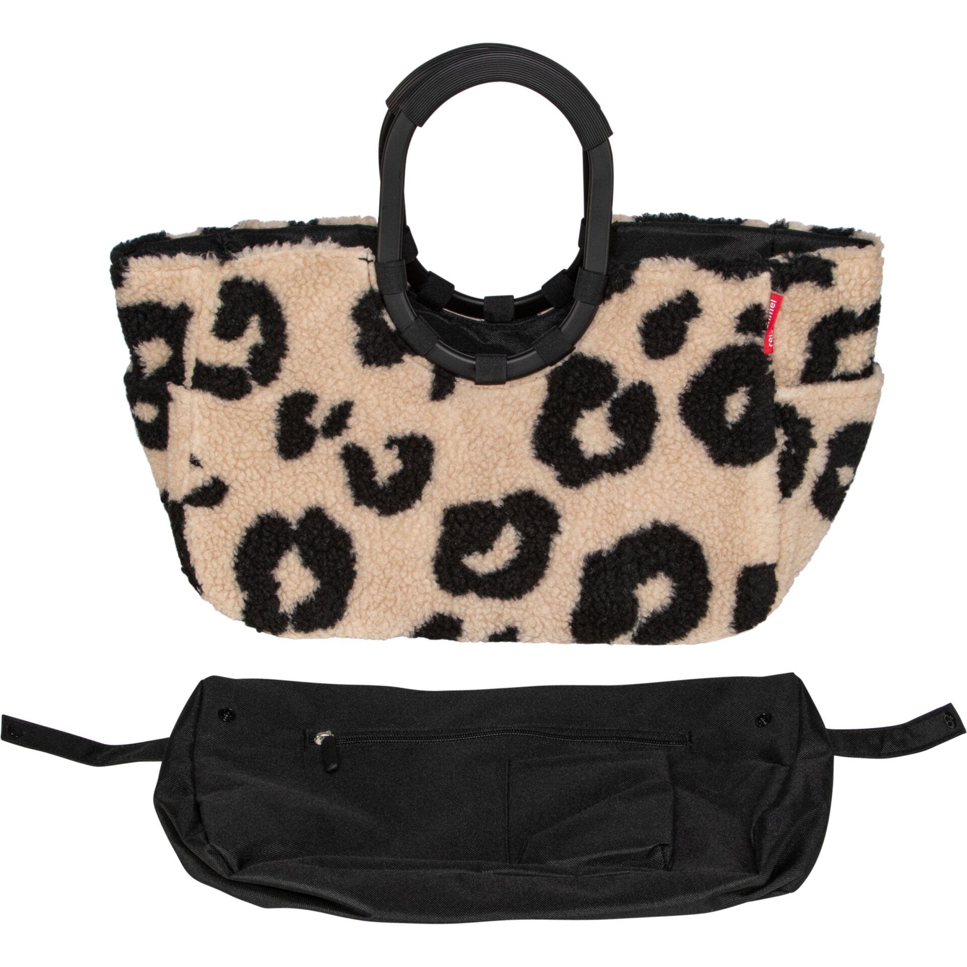 Handtasche, Teddyfell, Leopardenmuster, Beige-Schwarz, Schwarze Henkel