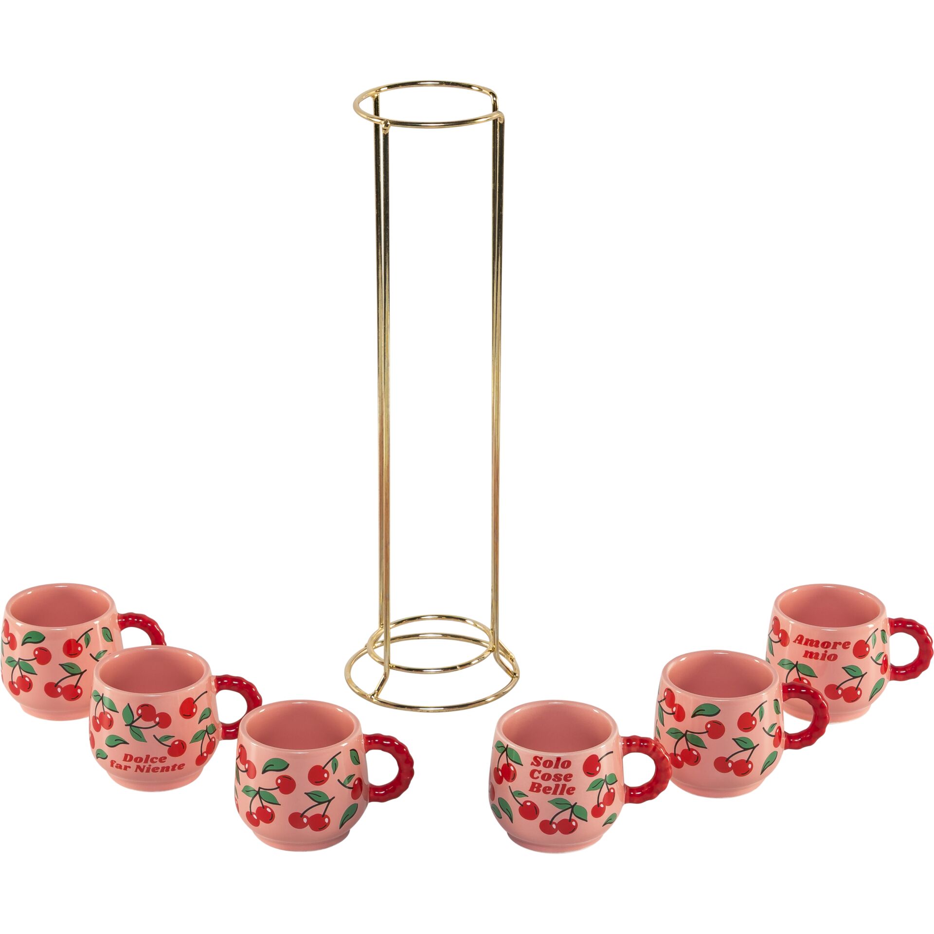 Karaffe, Mug-Set, Tassen-Set, Kirschen-Muster, Goldständer