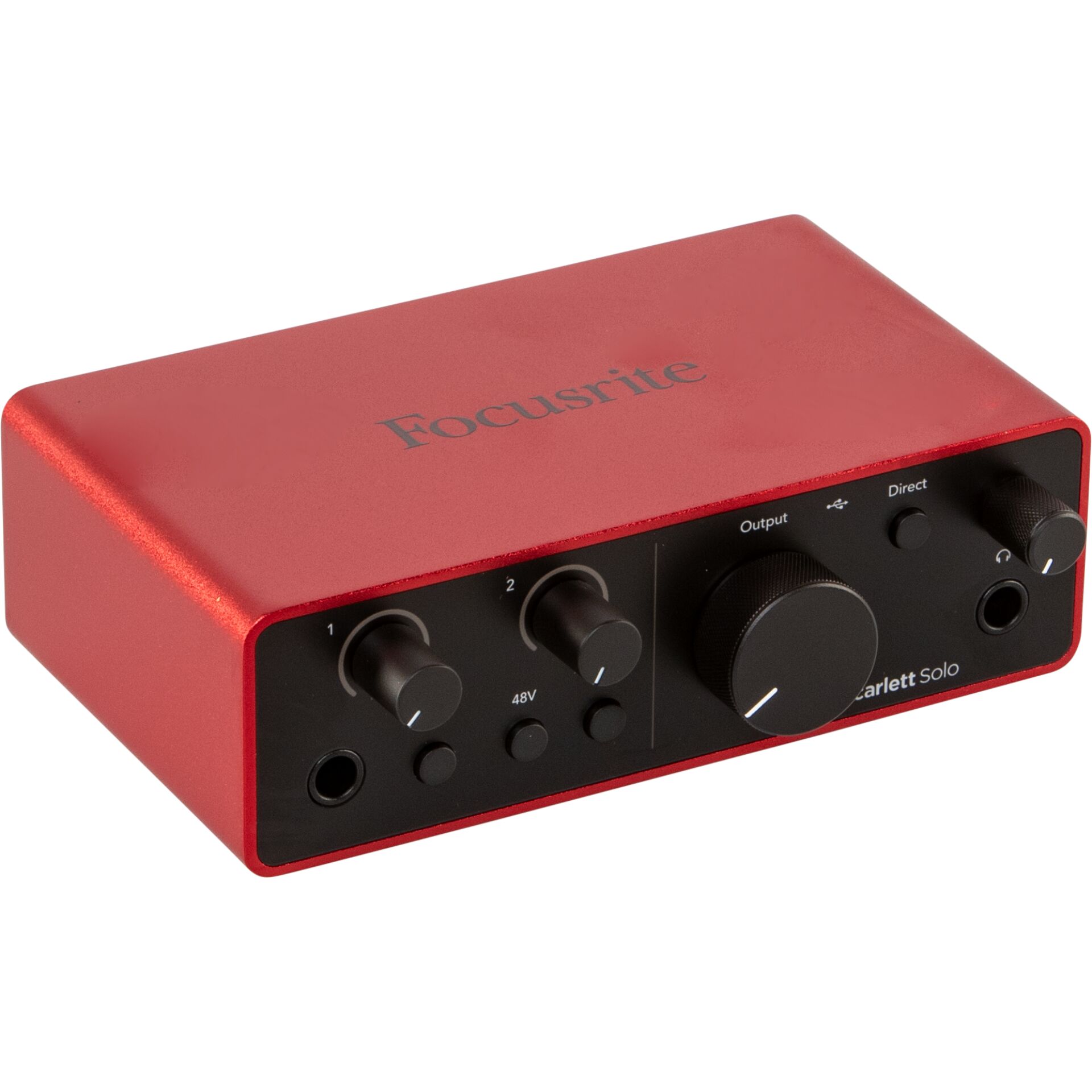 Audio-Schnittstelle, Focusrite Scarlett Solo, roter Metallgehäuse, Frontplattenbedienung, XLR/Line-Eingänge