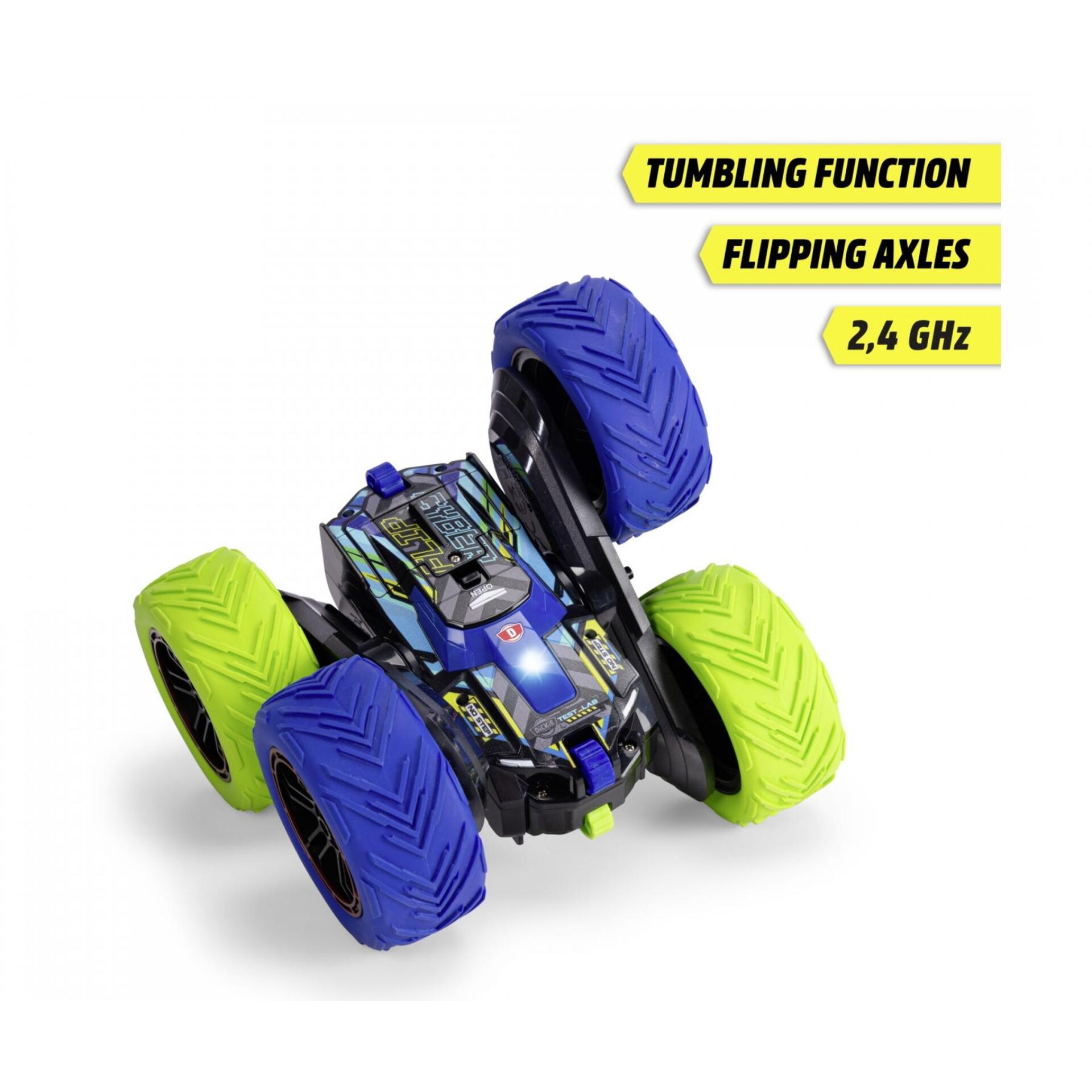  RC car, toy car, large wheels, blue and lime, 2.4 GHz