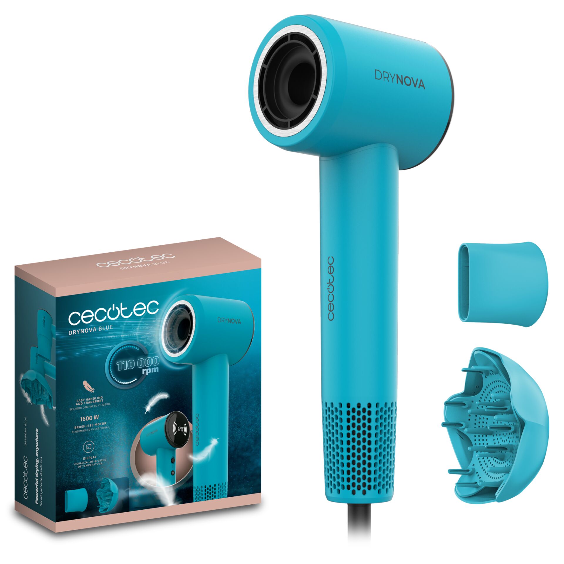 Haartrockner tragbar, Türkis, turquoise, Verpackung in Box, Kühles Blau