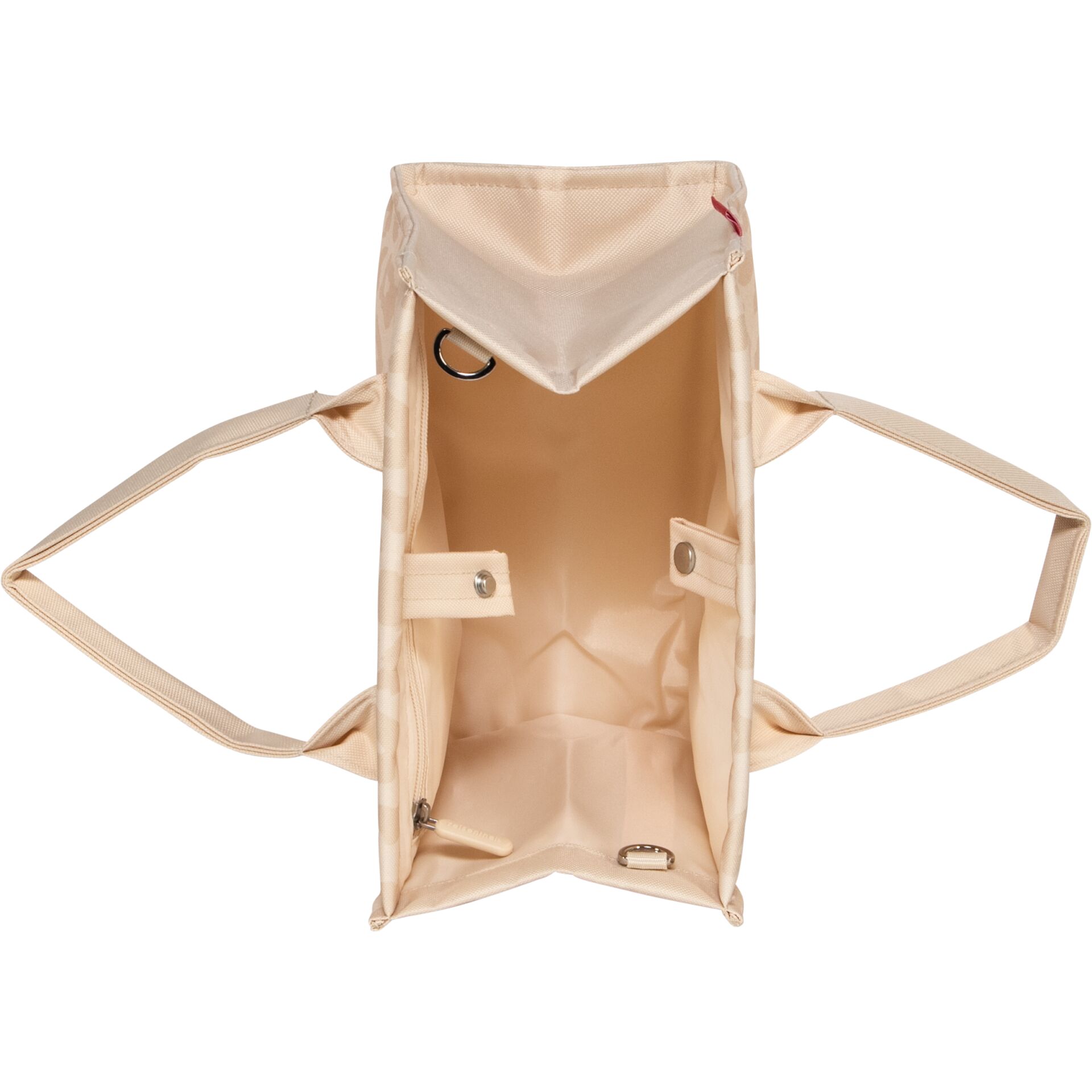 handtasche, beige, offenes innenleben, abnehmbarer trageriemen, metallbeschläge