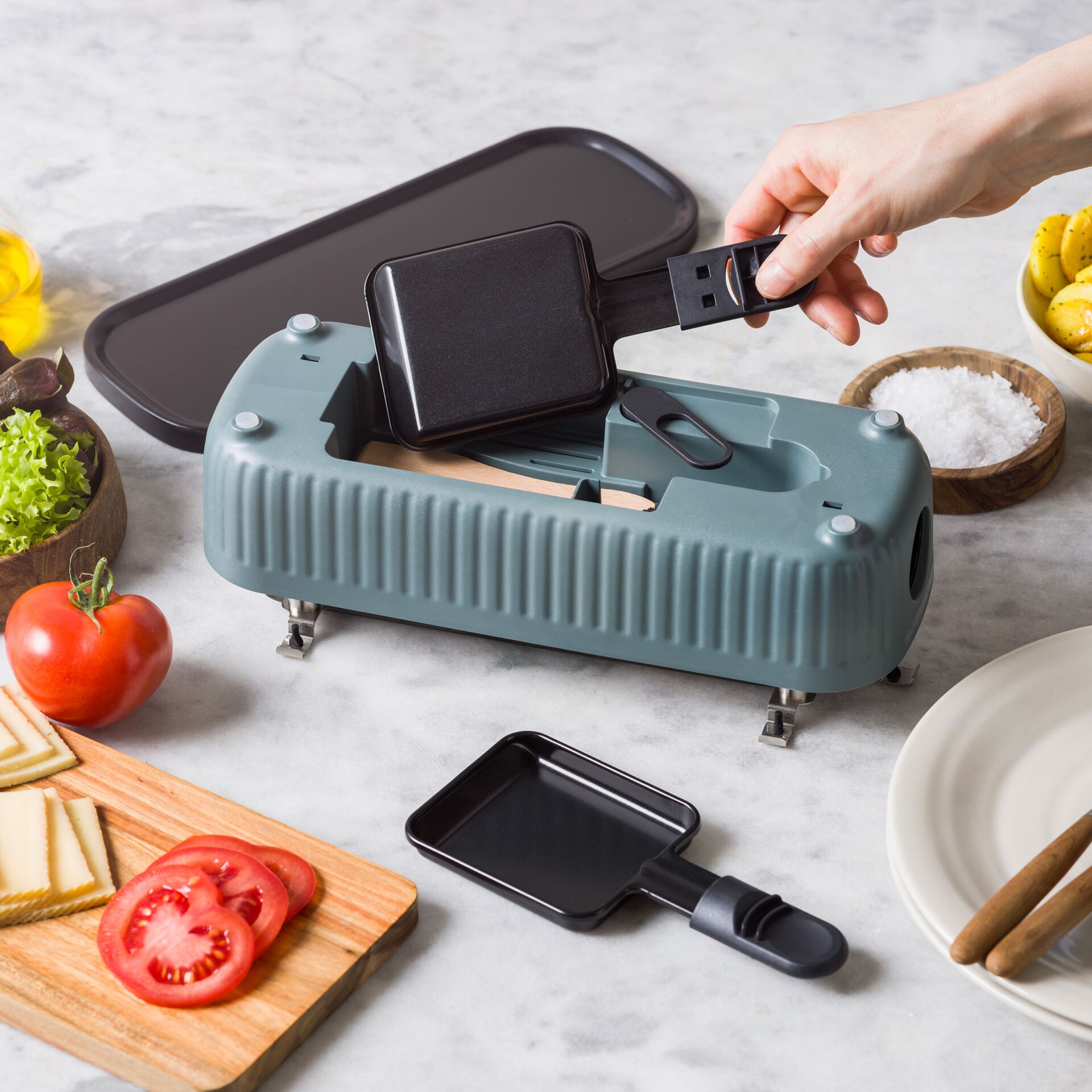 Mini-Raclette-Grill, Tischgrill, Grillpfännchen, abnehmbare Grillplatte, blaugrün