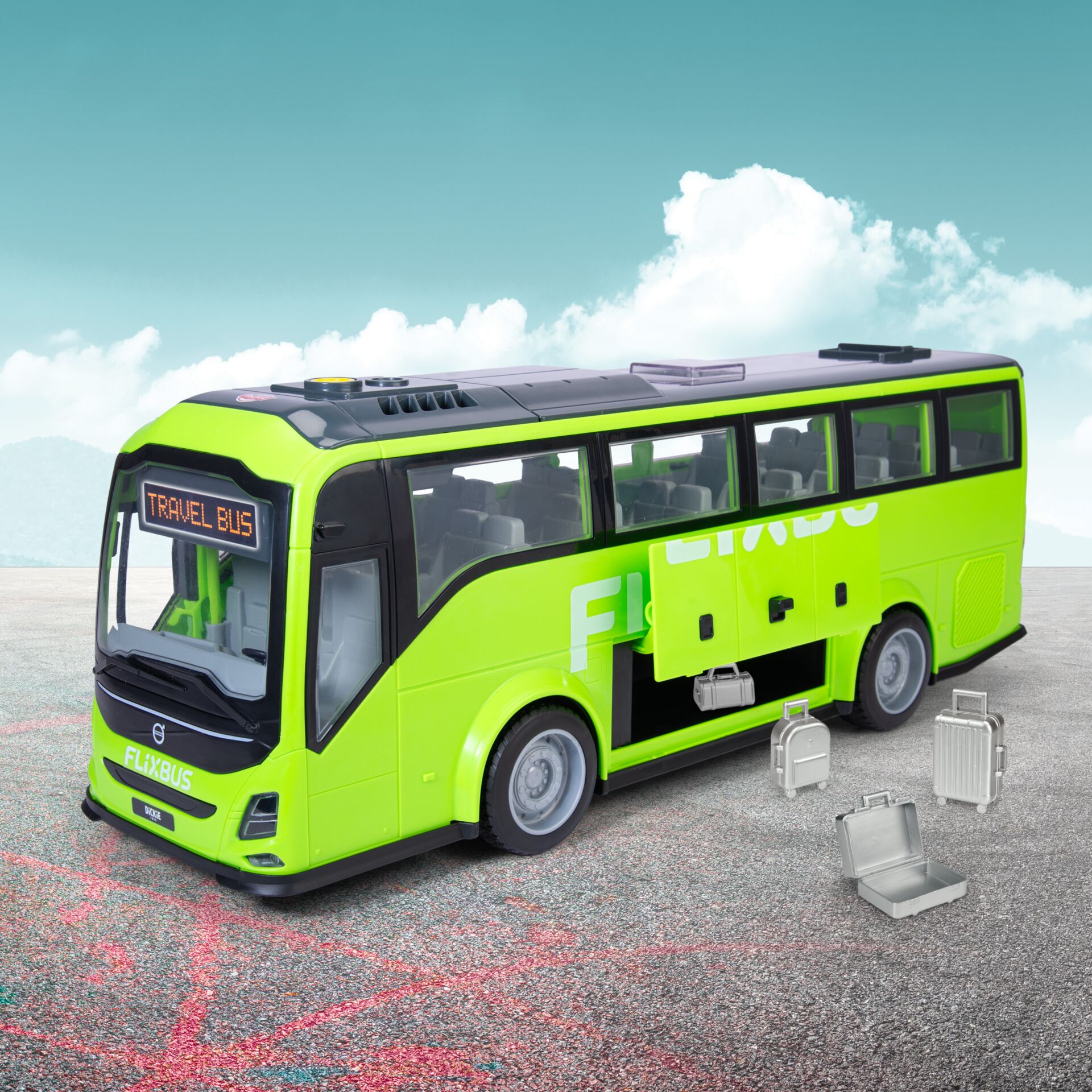 Reisebus, Flugbus, Lackierung grün, Sitze Innenraum, Koffer