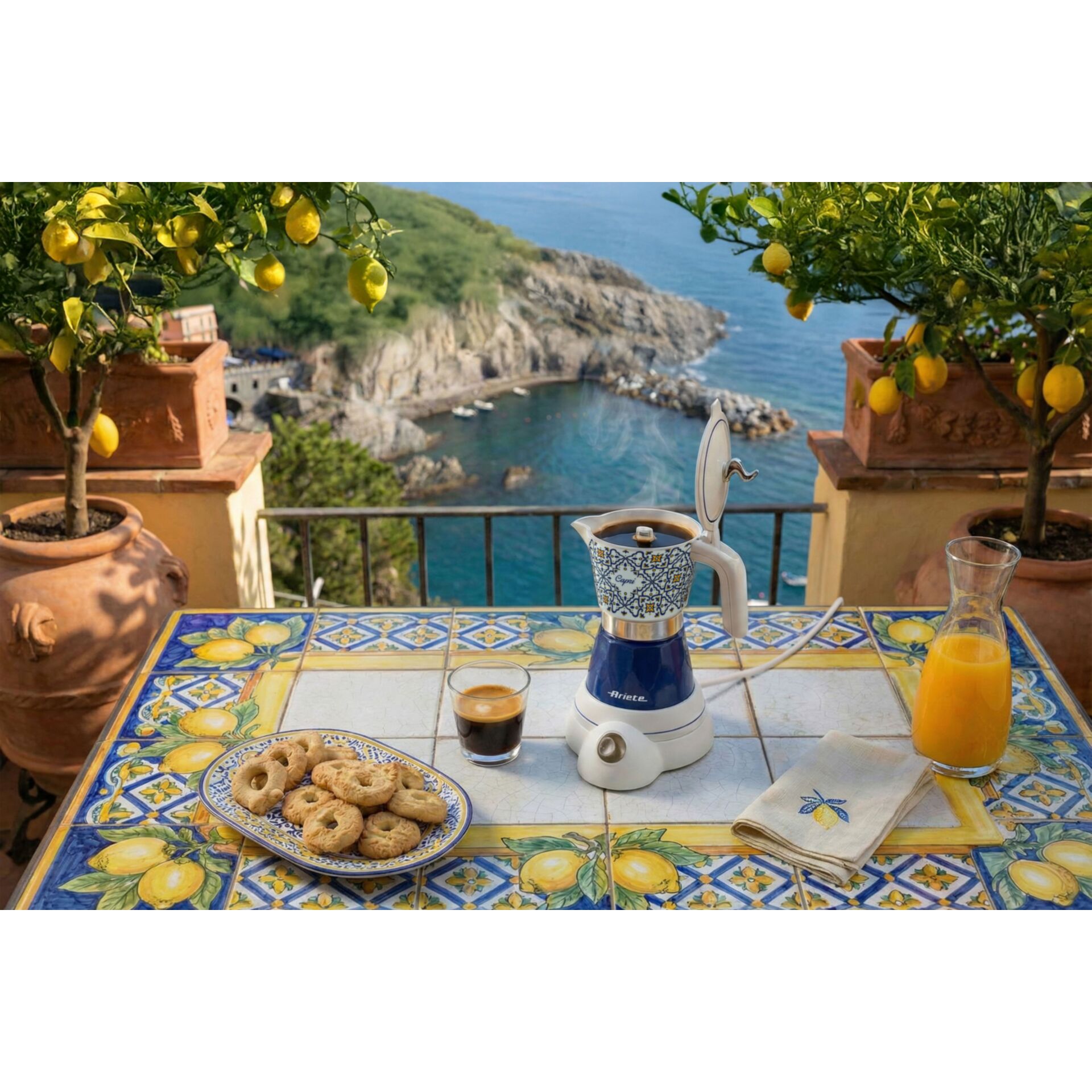 Kaffeemaschine, Espresso, Tischdeko, Orangen Saft, Zitronenbaum