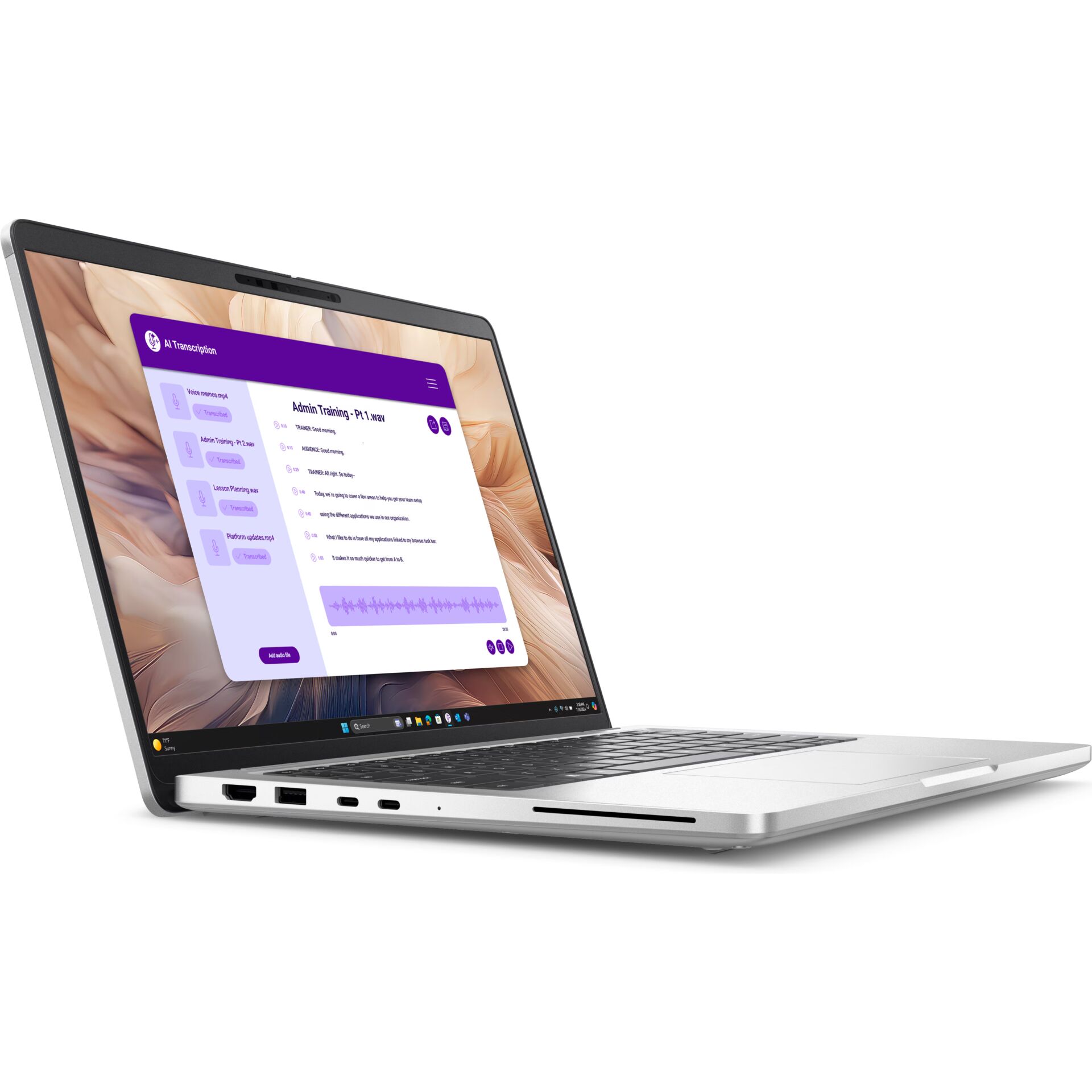laptop, silver, Ultrabook, Anschlussports, Bildschirm mit lila Benutzeroberfläche