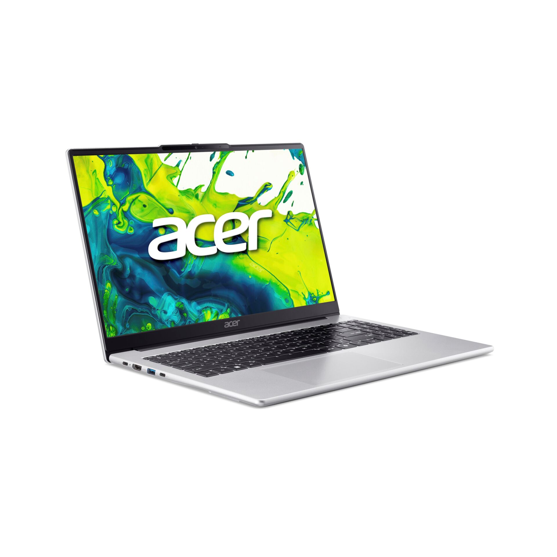 laptop, silberner laptop, usb-c anschlüsse, buntes display, acer logo sichtbar