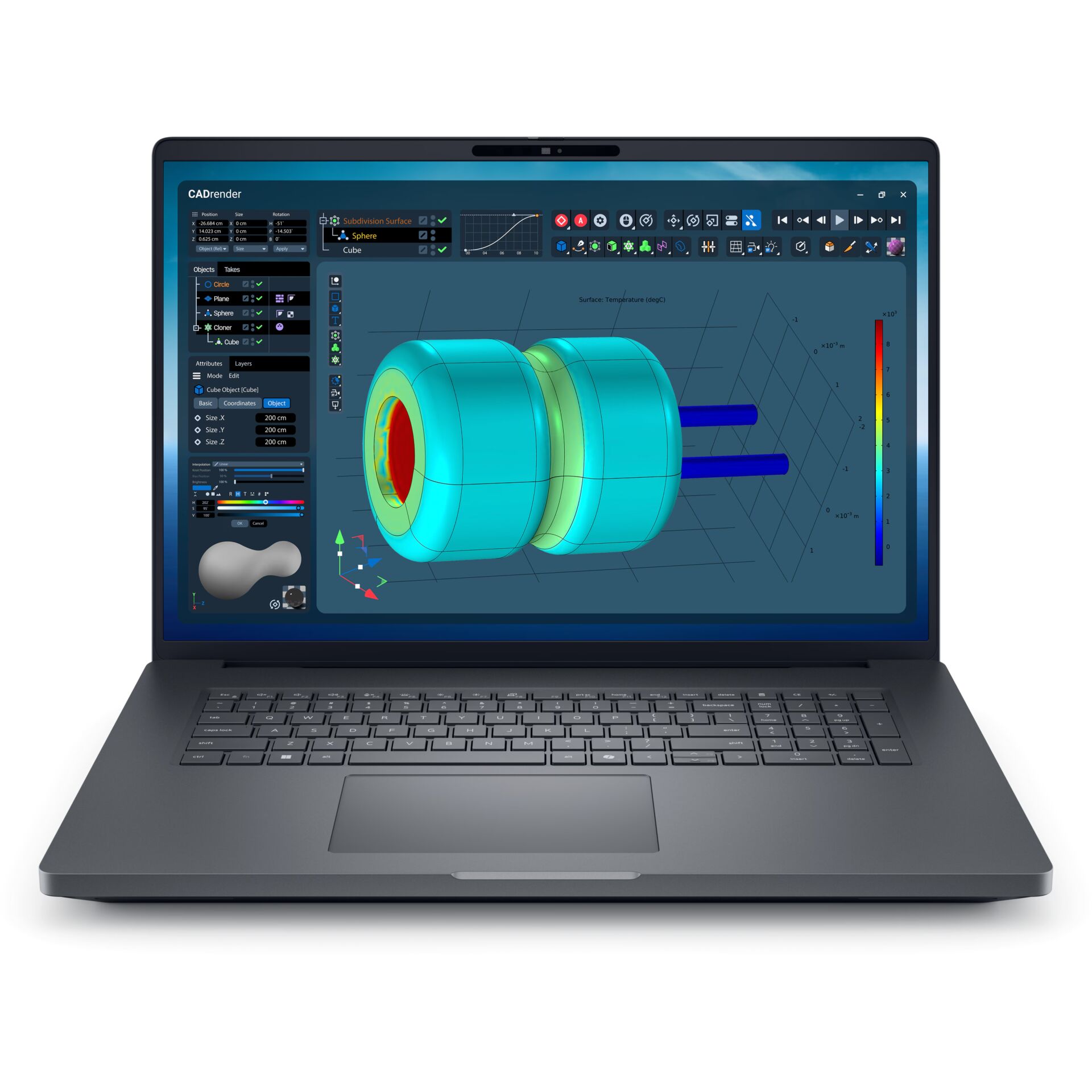 laptop, CAD-Software, 3D-Modell, BluePrint, farbige Darstellung
