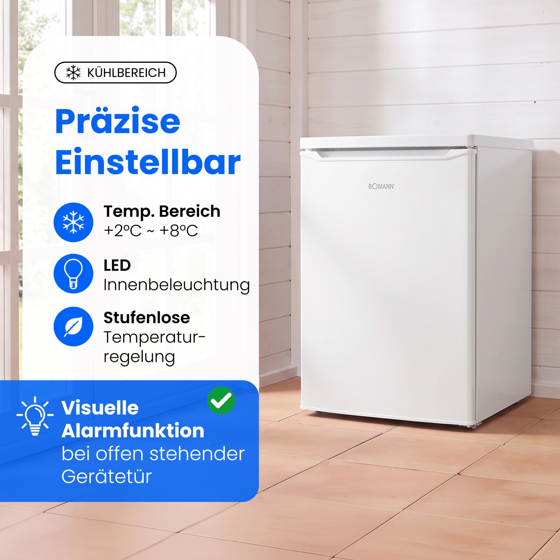 Minikühlschrank, Weiß, LED-Innenbeleuchtung, Temperaturregelung, Türalarm