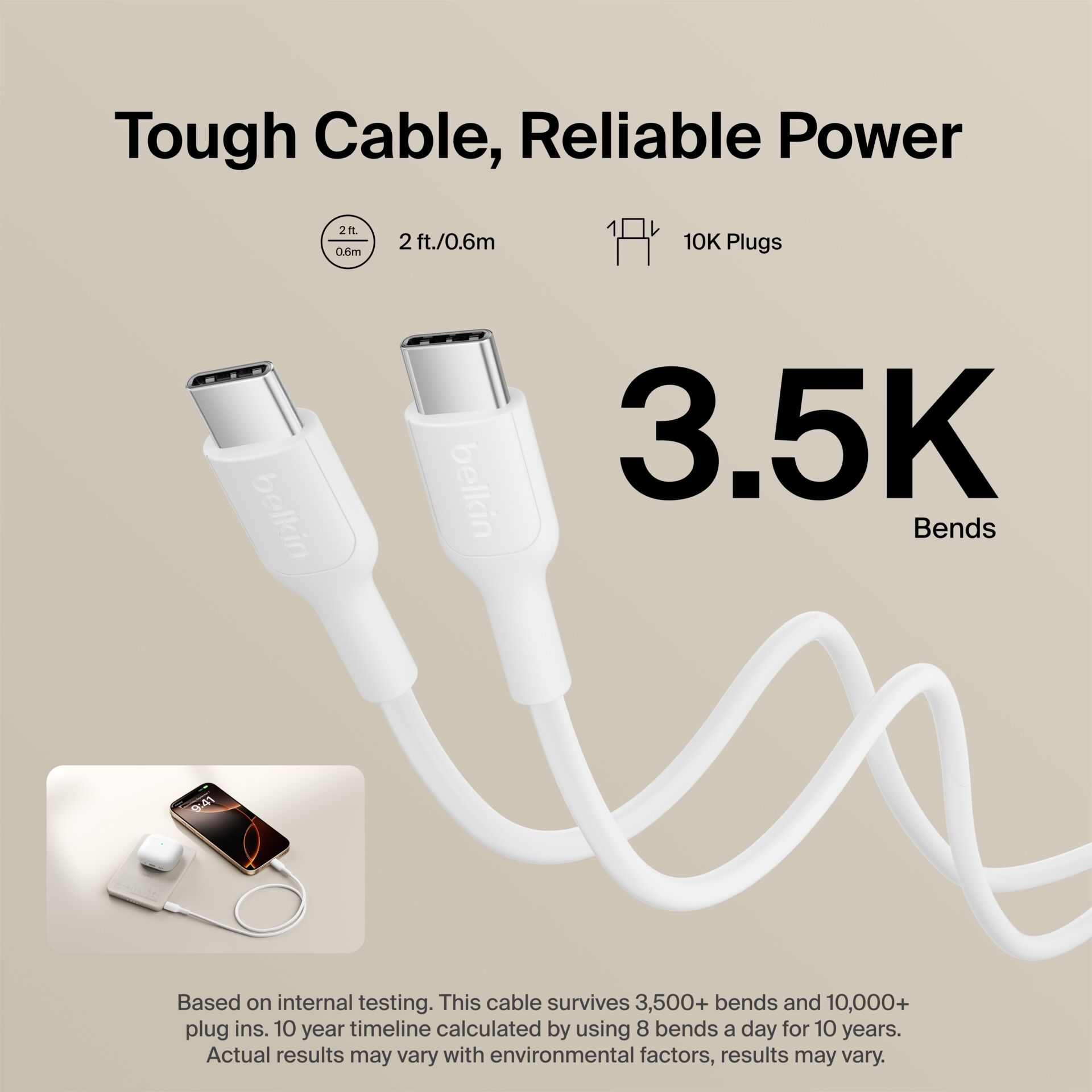 Kabel, USB-C, gefaltetes Kabel, 3.5K Biegungen, Weißes Kabel