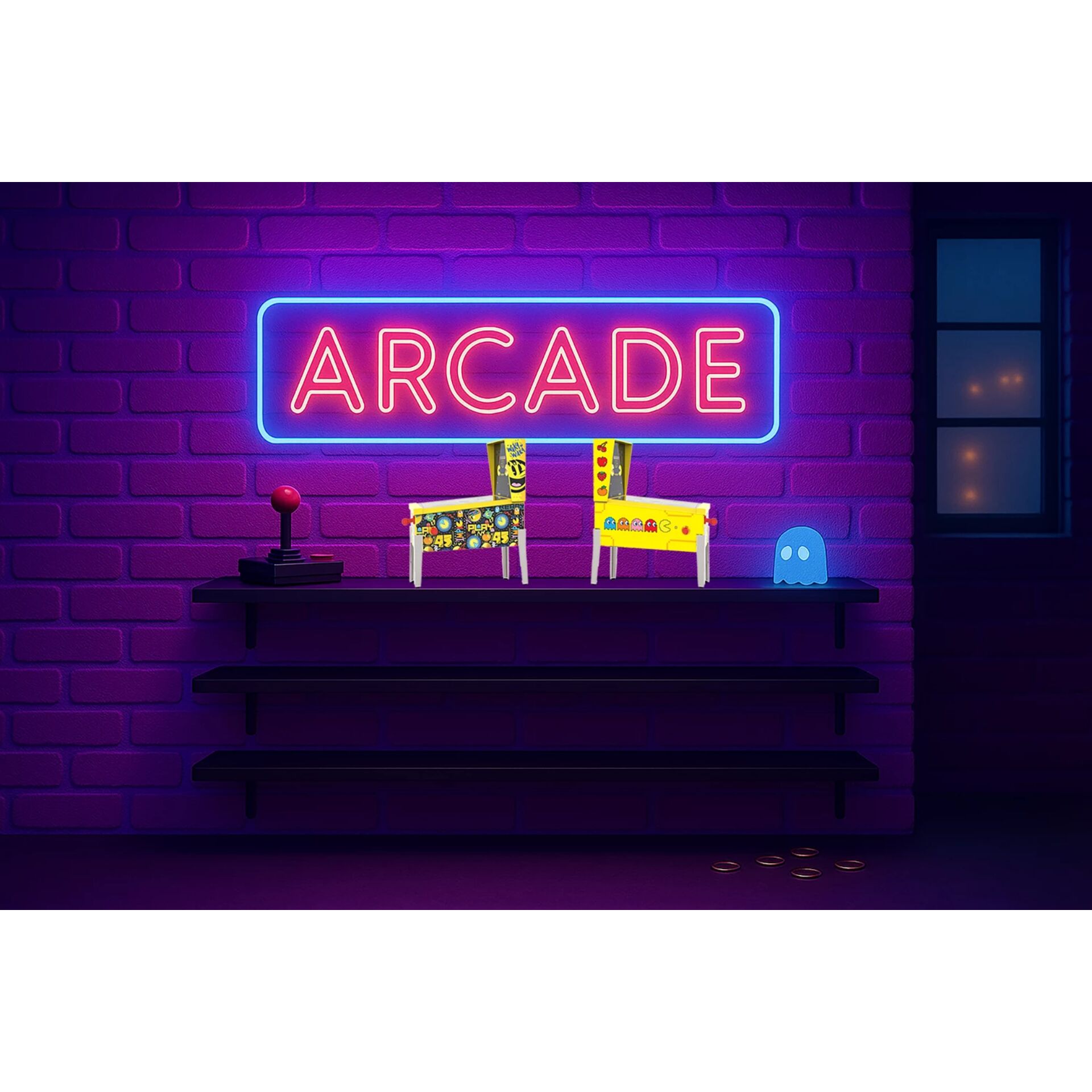 arcade, neon, shirts, coin-pile, ghost