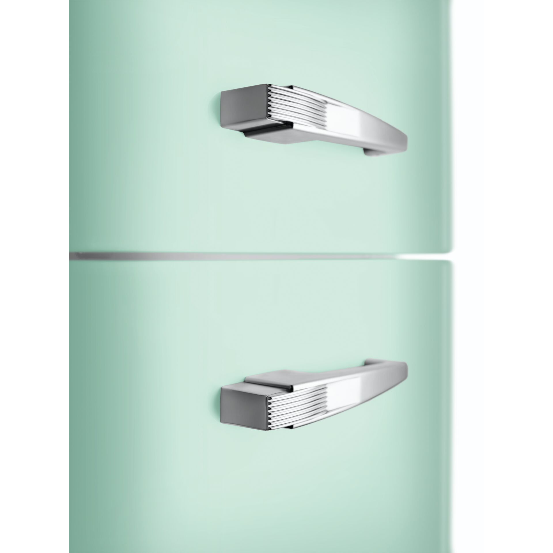 refrigerator, fridge, metal handles, chrome handles, mint-green