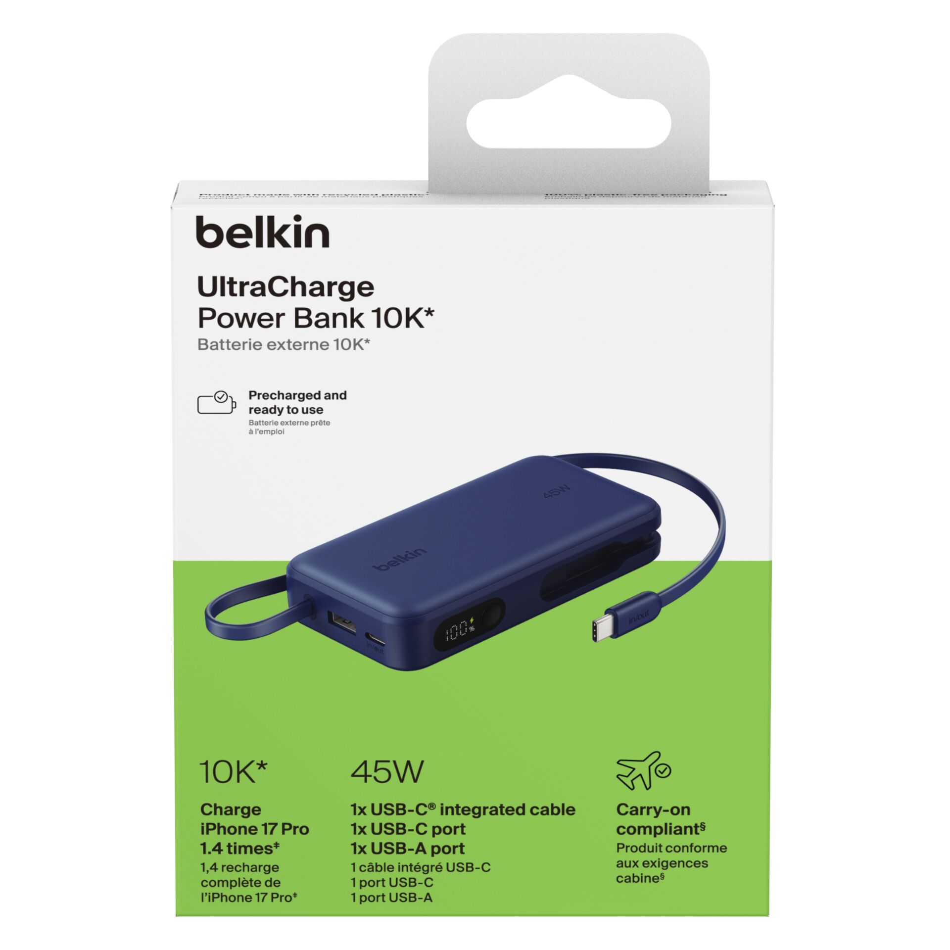 Powerbank, Externe Batterie, 10K Kapazität, USB-C, Blau