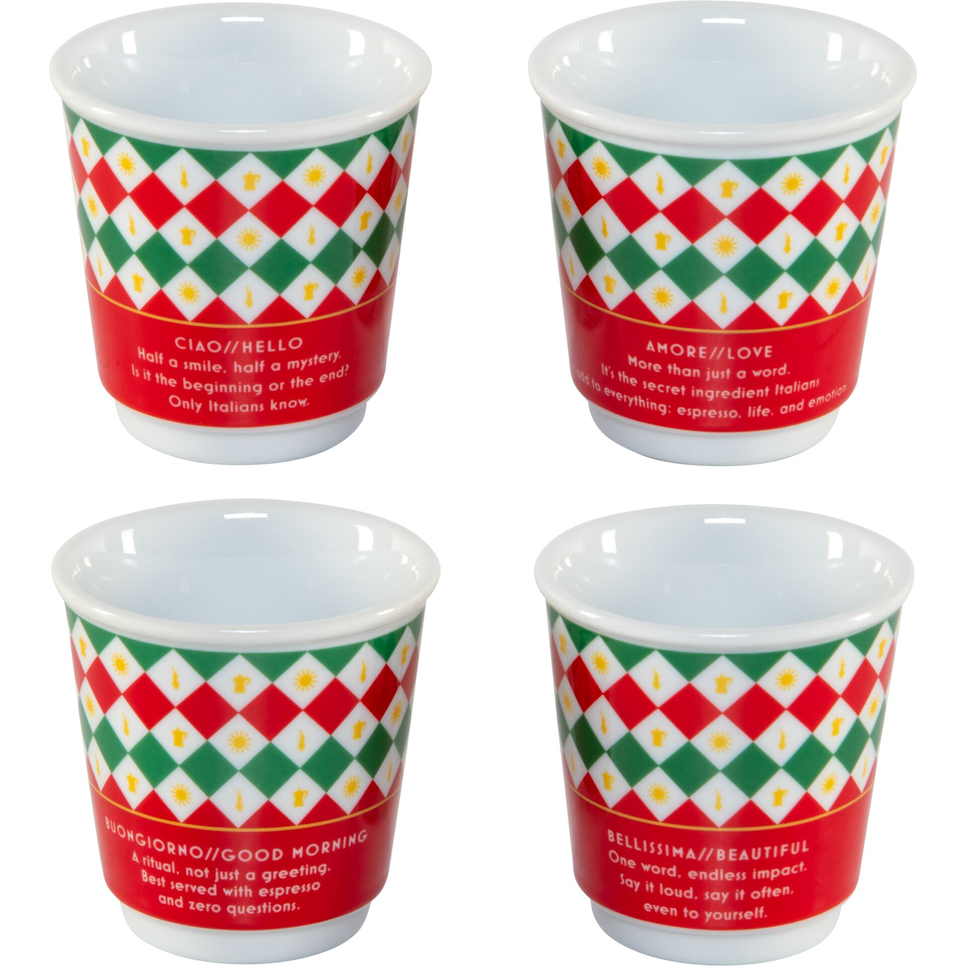 keramikbecher, becher, rot-grün, italienische sprüche, mustertapete
