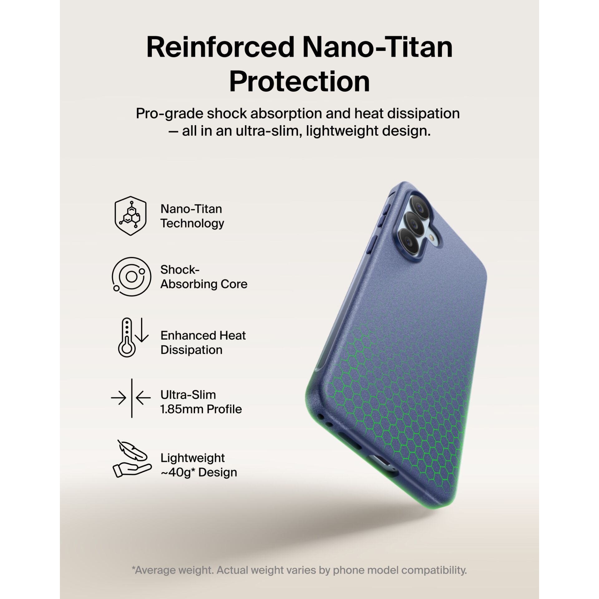 Nano-Titan Tech, Shock-Absorbing Core, Enhanced Heat Dissipation, Ultra-Slim Profile, Leichtes Design
