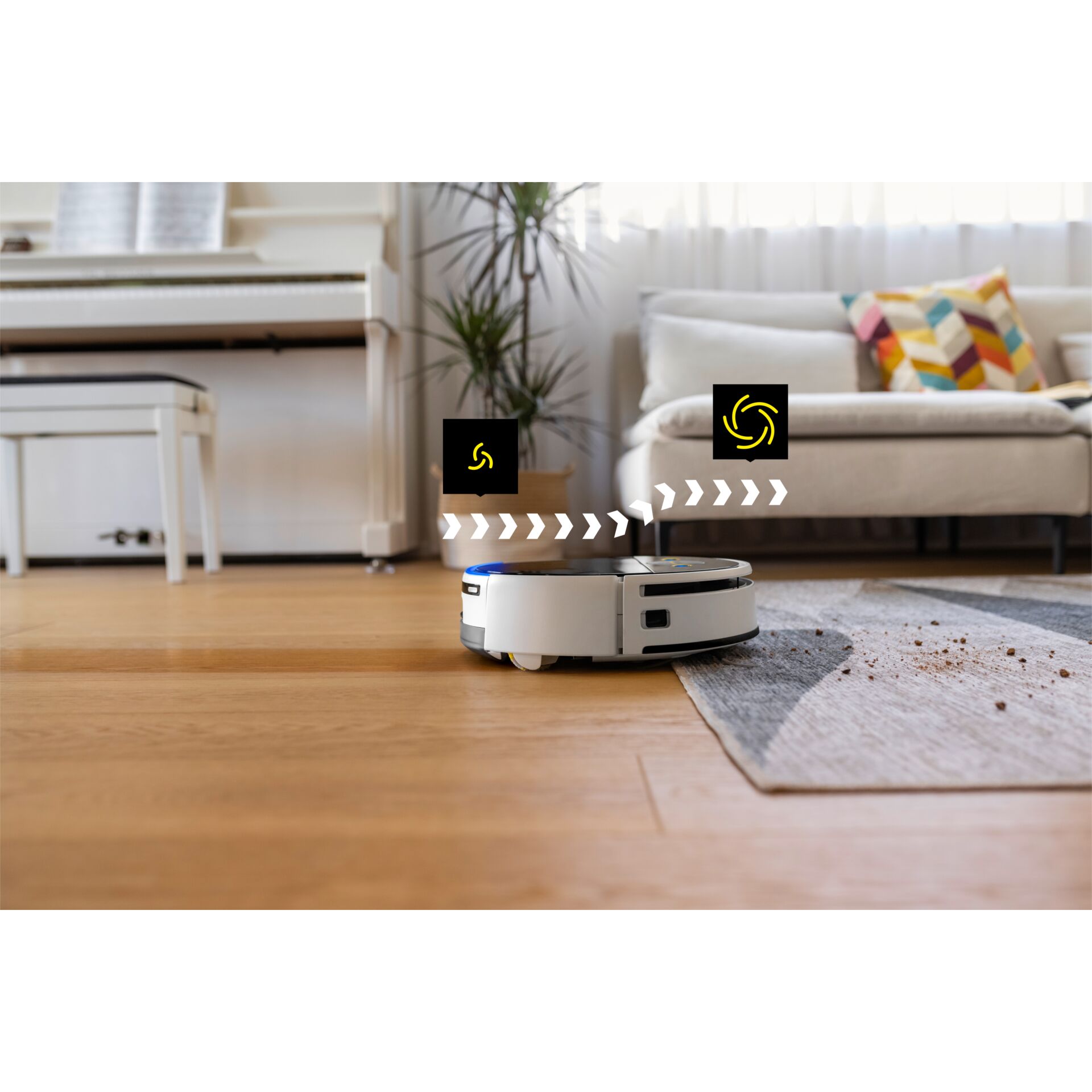 Robotic vacuum, Floor cleaner, Living room, Charging dock, White device, Saugroboter, Haushaltsroboter, Wischroboter, Raumreinigung, Staubsaugerroboter