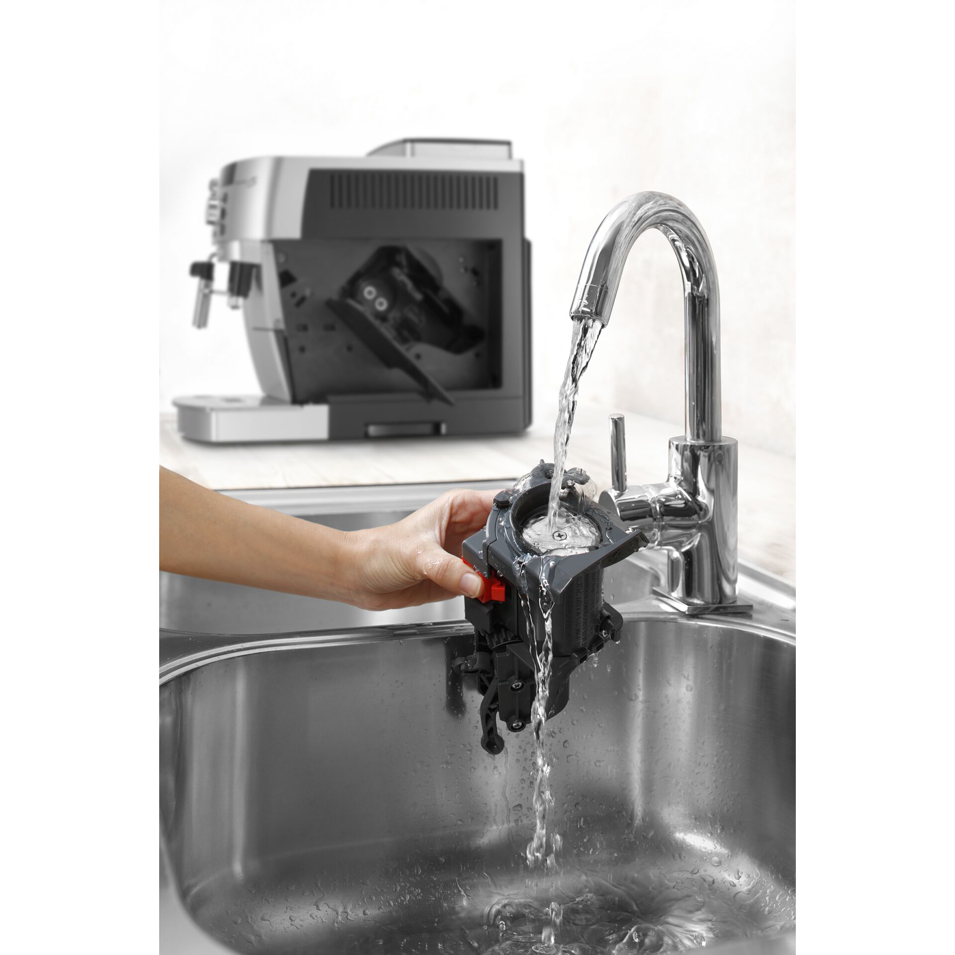 Sinken, Waschbeckenhahn, Hand, Person, Tippen