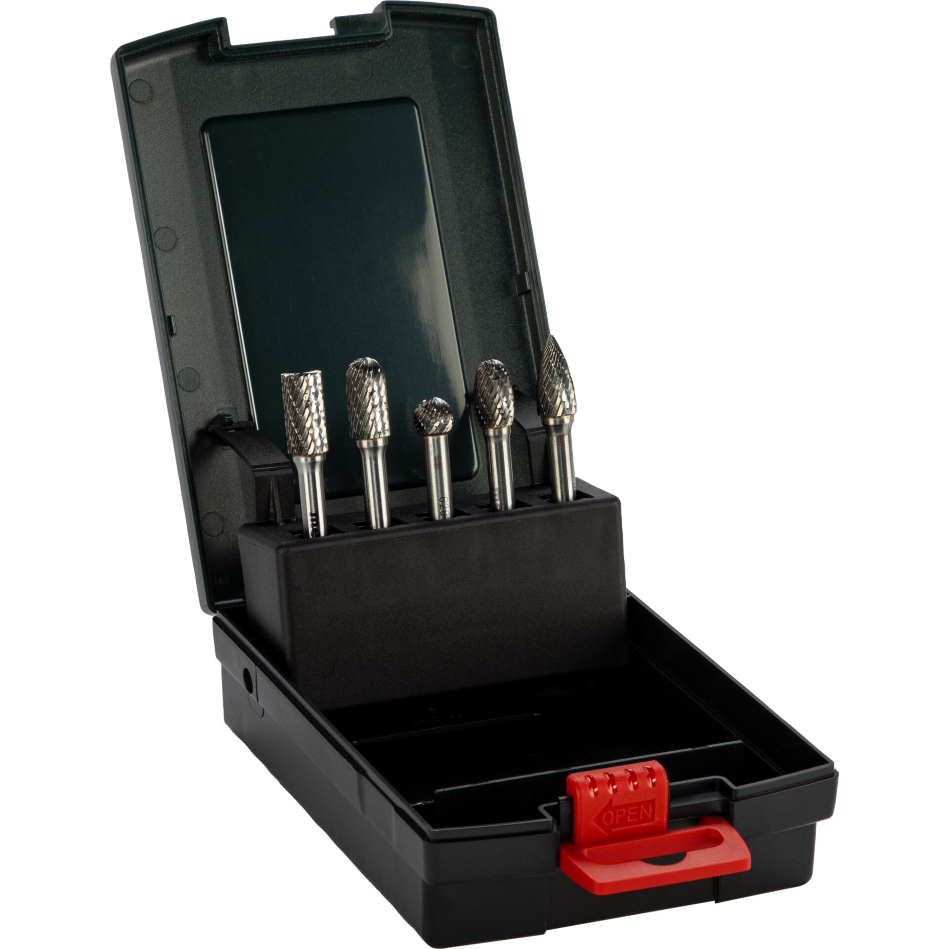 Besteck, Hartmetallfräser, Fräser-Set, Metallfräser, Kunststoffkoffer, Fünfteilig, Frässtifte-Set, Hartmetallfräser, Metallfräser, 5-teilig, Aufbewahrungskoffer