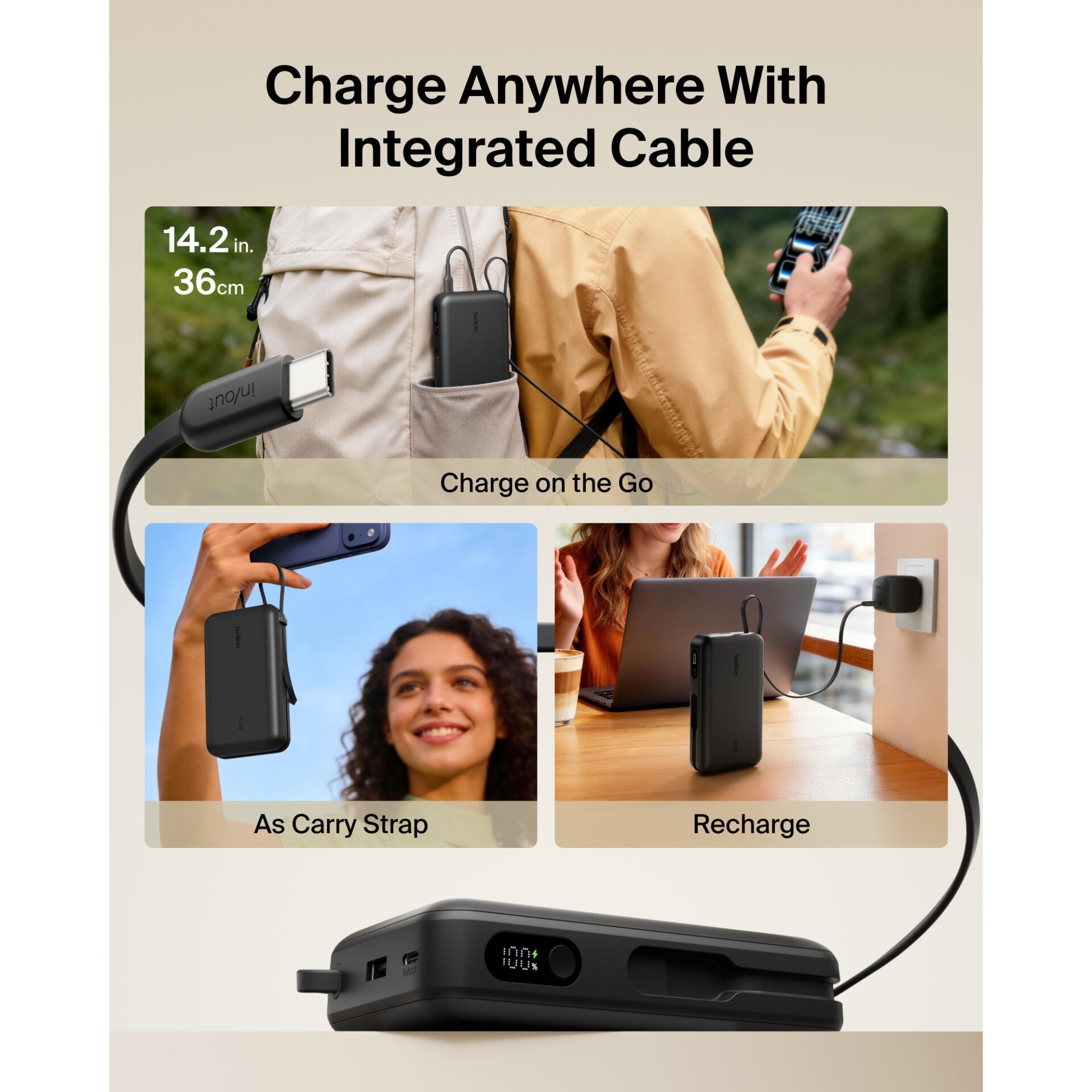 Power bank, Integriertes Kabel, Aufladen unterwegs, USB-C, Kompakter Ladegerät