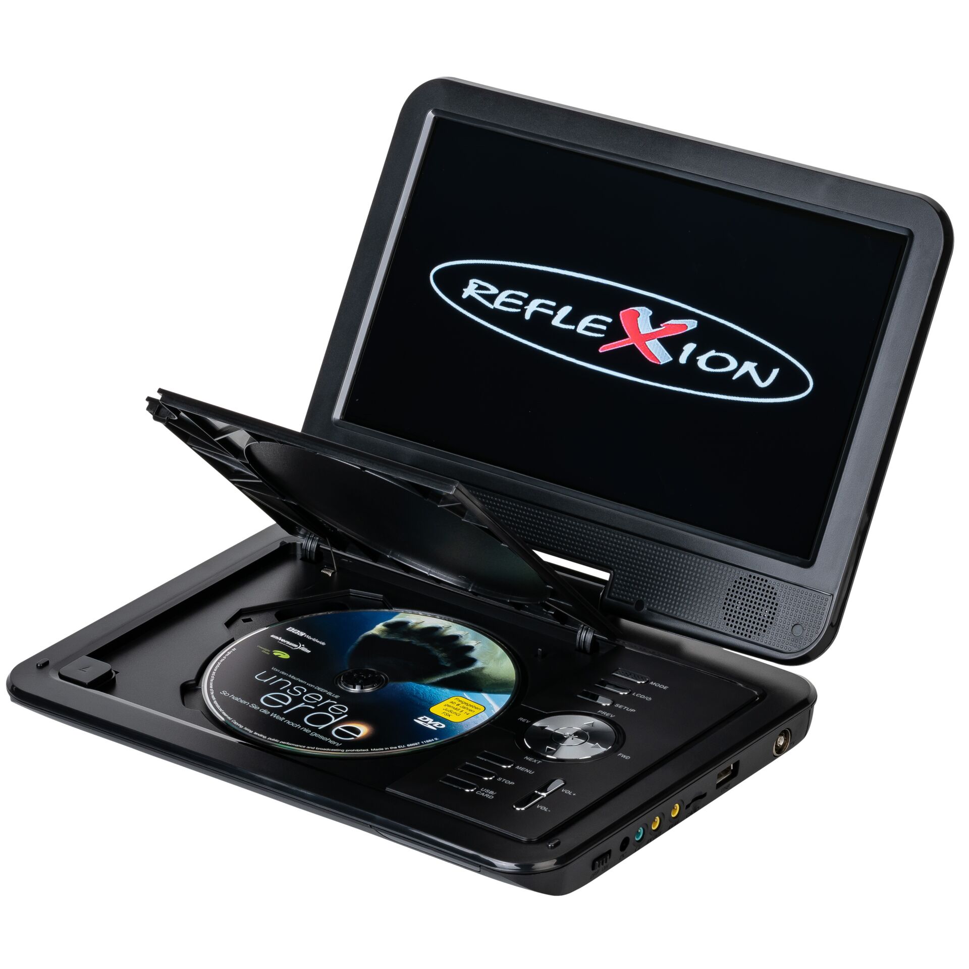 Computer, Laptop, PC, Computerausrüstung, Überwachen, tragbarer DVD-Player, LCD-Bildschirm, schwarz, integrierte Lautsprecher, aufklappbares Display