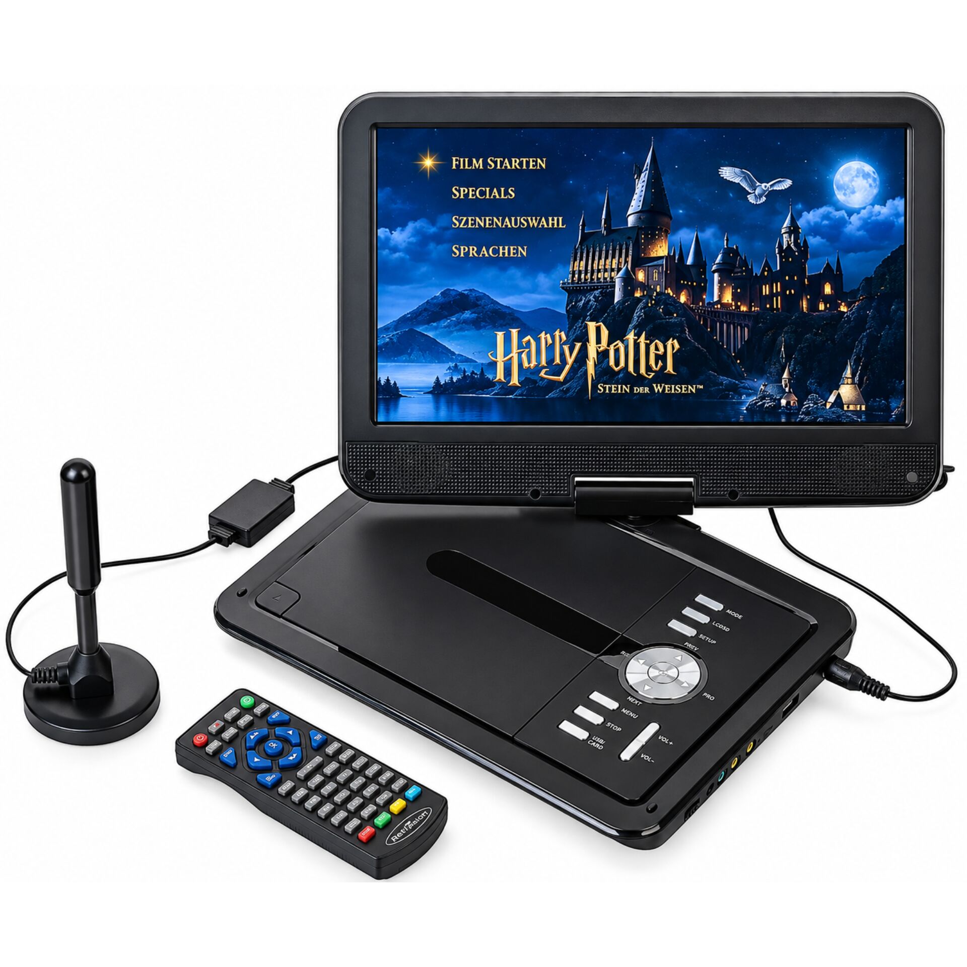 Tragbarer DVD-Player, Klappbildschirm, Fernbedienung, TV-Antenne, Schwarz