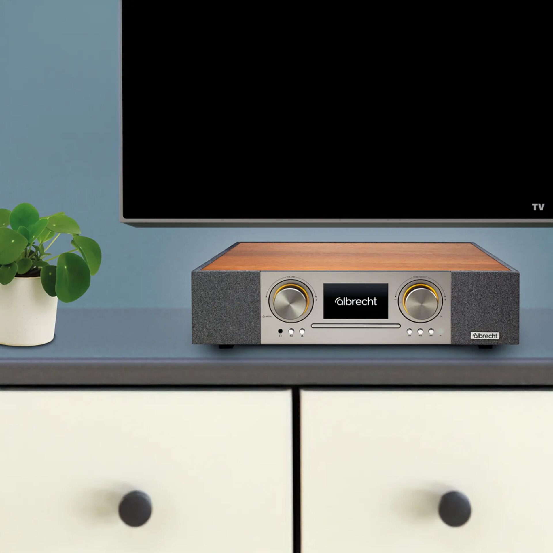 Hi-Fi, Verstärker, Holzoberseite, grauer Stoff, Markenlogo vorne