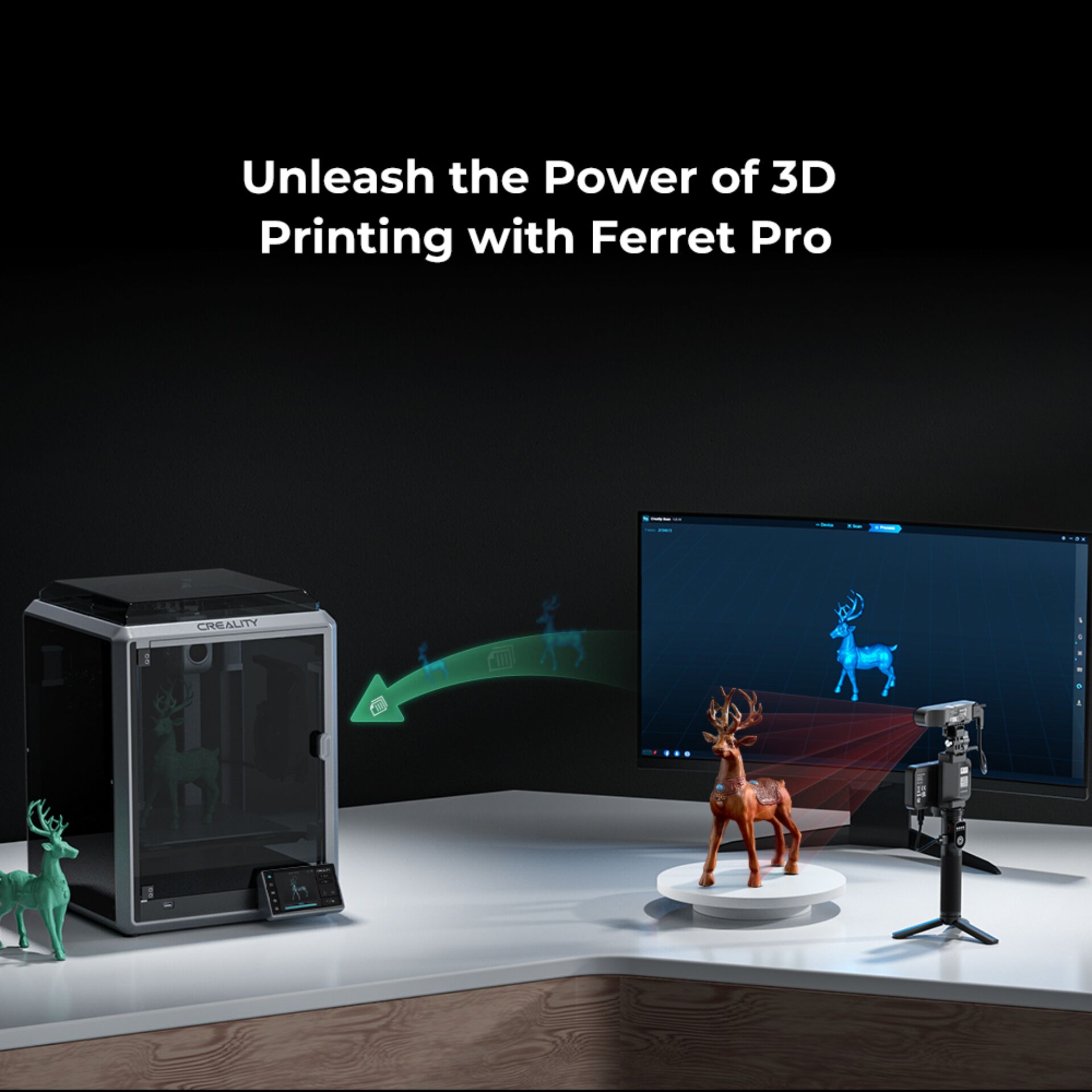 3D-Druck, Drucker, Monitor, Hirsch-Figur, Stativhalterung